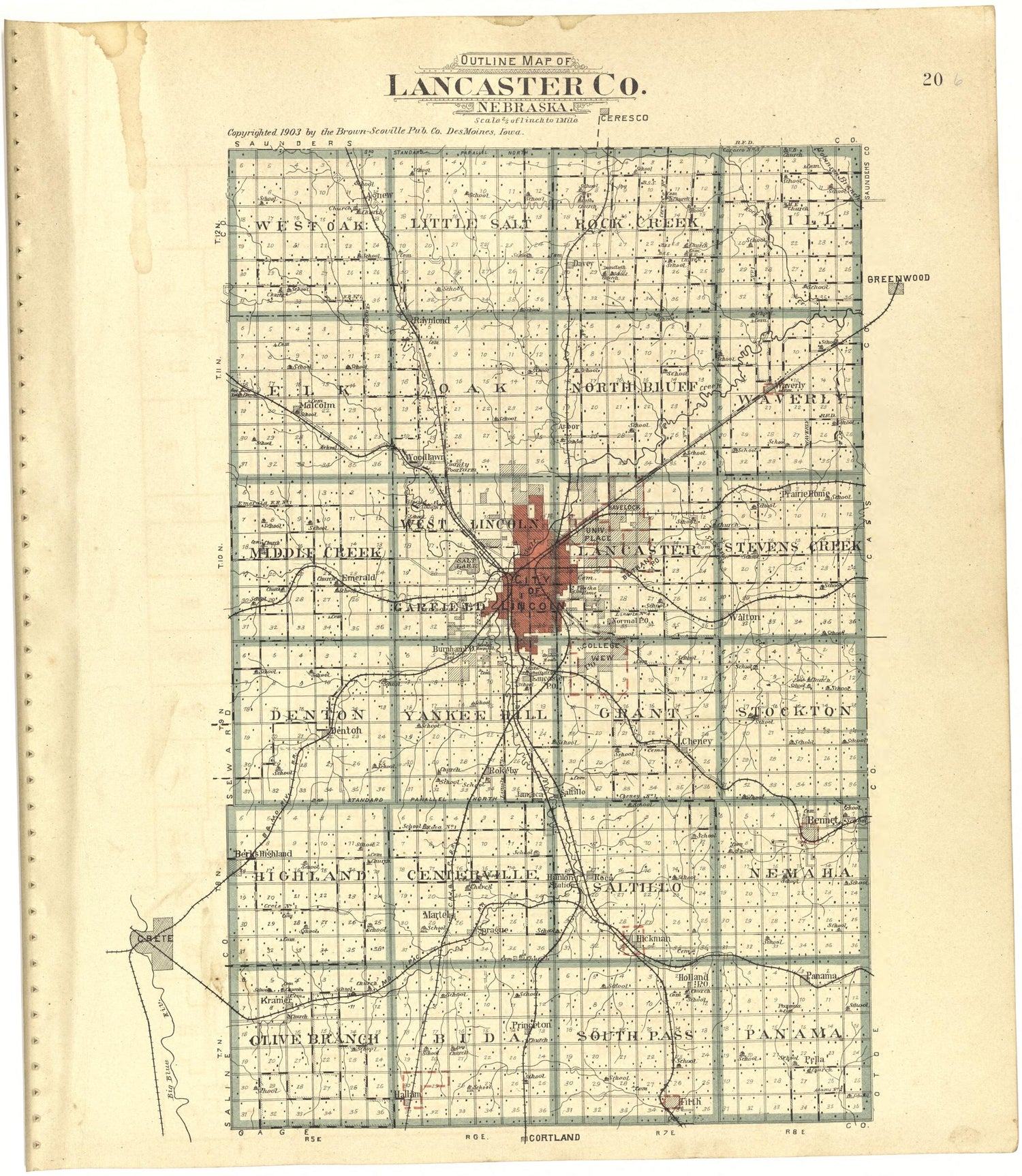 Outline Map of Lancaster County, Nebraska from Plat Book of Lancaster ...