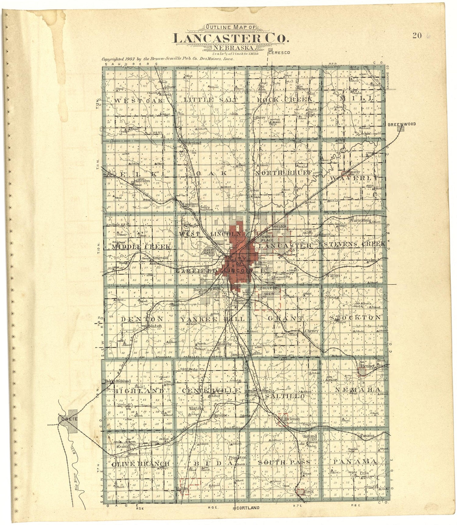 Outline Map of Lancaster County, Nebraska from Plat Book of Lancaster