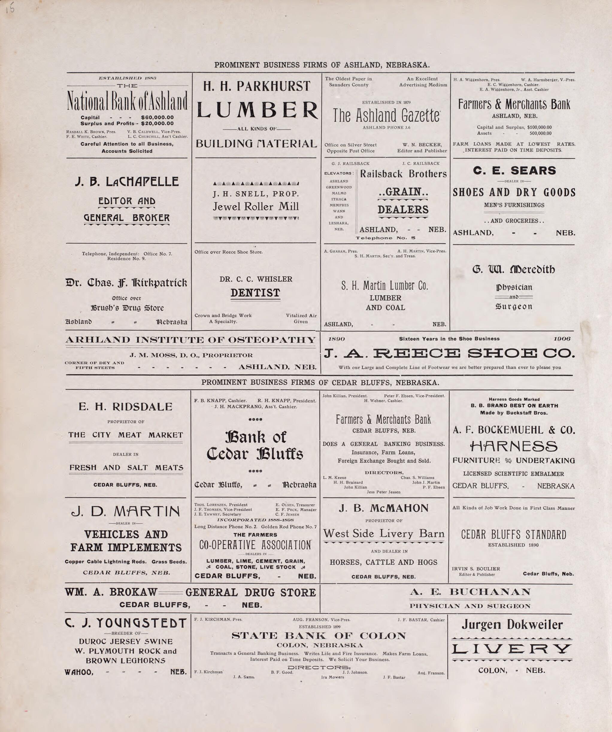 This old map of Prominent Businesses of Ashland, NE from Plat Book of Saunders County, Nebraska from 1907 was created by  Brown-Scoville Publishing Company in 1907