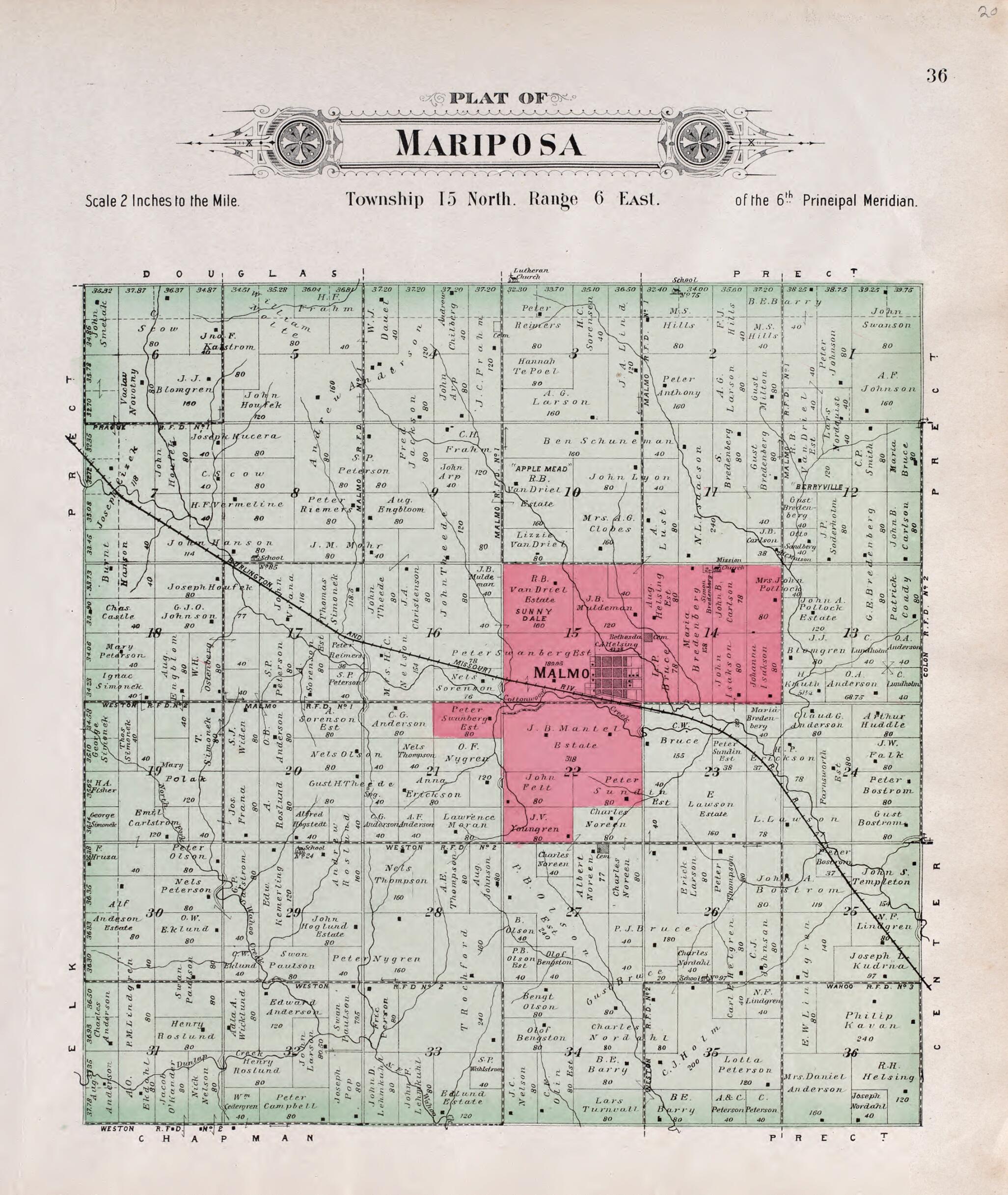 This old map of Mariposa from Plat Book of Saunders County, Nebraska from 1907 was created by  Brown-Scoville Publishing Company in 1907