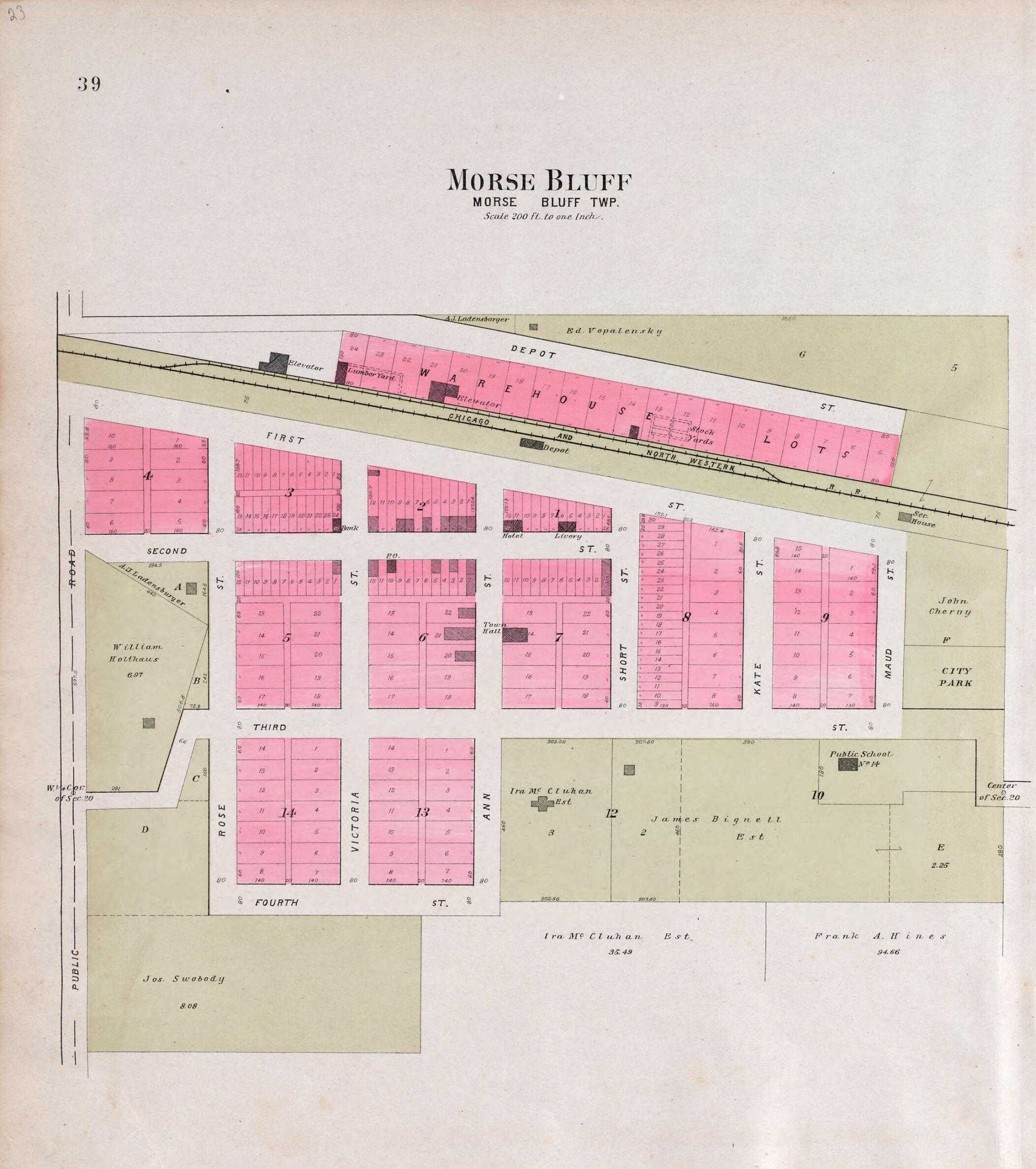 This old map of Morse Bluff from Plat Book of Saunders County, Nebraska from 1907 was created by  Brown-Scoville Publishing Company in 1907