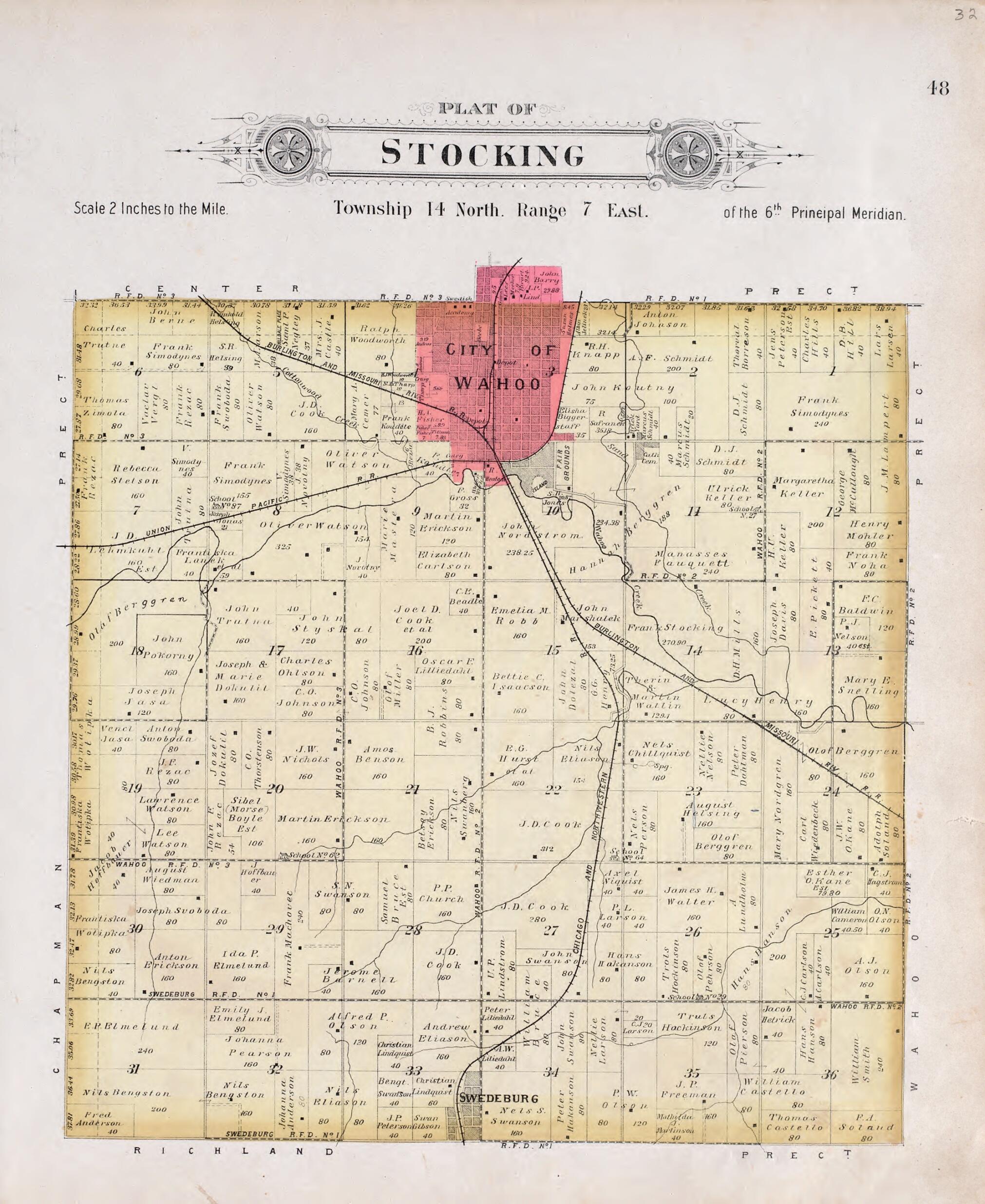 This old map of Stocking from Plat Book of Saunders County, Nebraska from 1907 was created by  Brown-Scoville Publishing Company in 1907