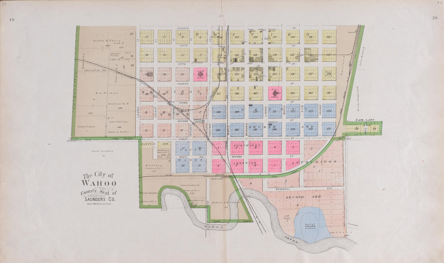 This old map of City of Wahoo, County Seat of Saunders Co., NE from Plat Book of Saunders County, Nebraska from 1907 was created by  Brown-Scoville Publishing Company in 1907