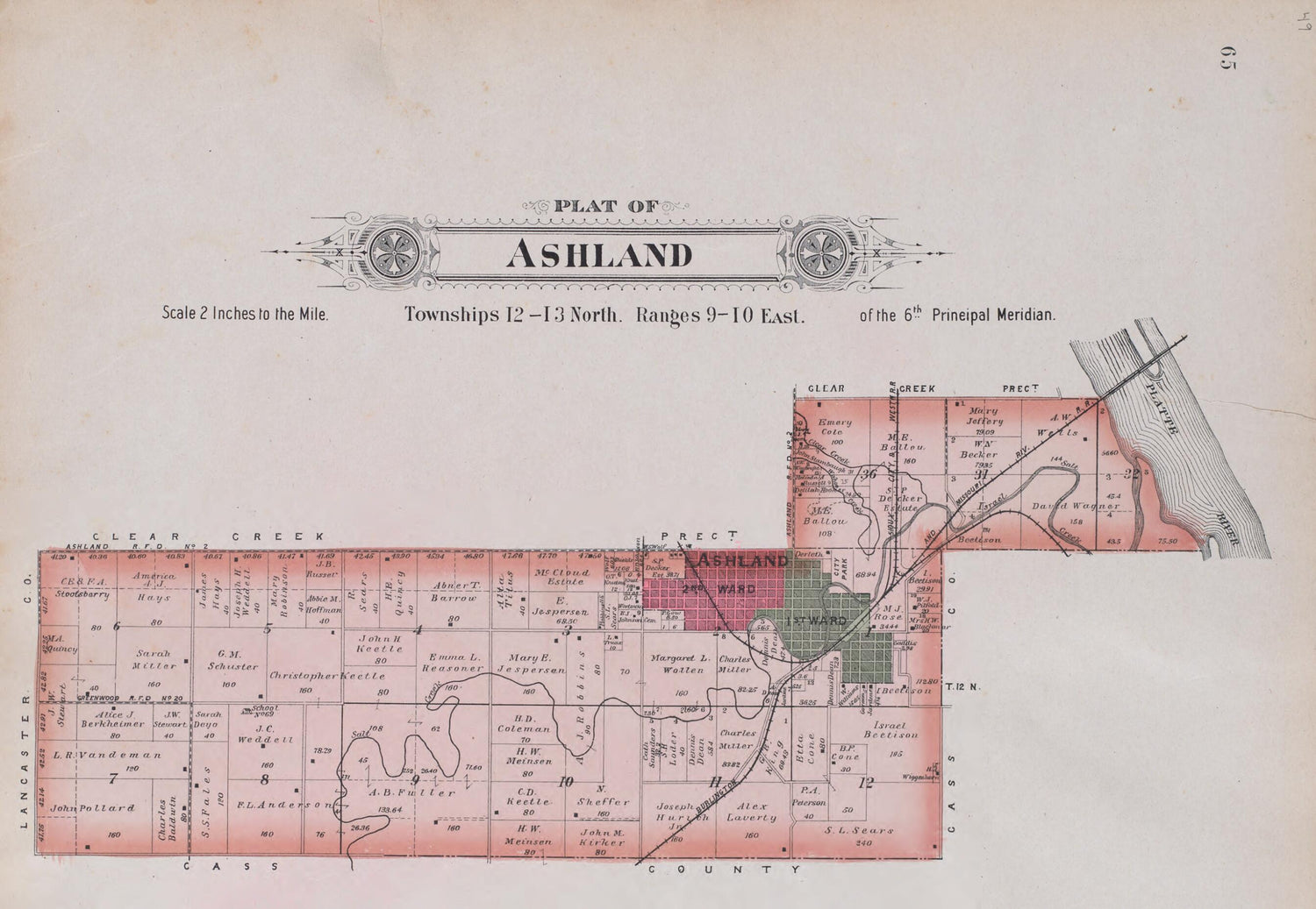 This old map of Ashland from Plat Book of Saunders County, Nebraska from 1907 was created by  Brown-Scoville Publishing Company in 1907