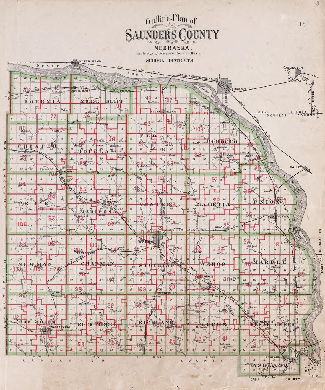 This old map of Outline Plan of Saunders County, NE School Districts from Plat Book of Saunders County, Nebraska from 1907 was created by  Brown-Scoville Publishing Company in 1907