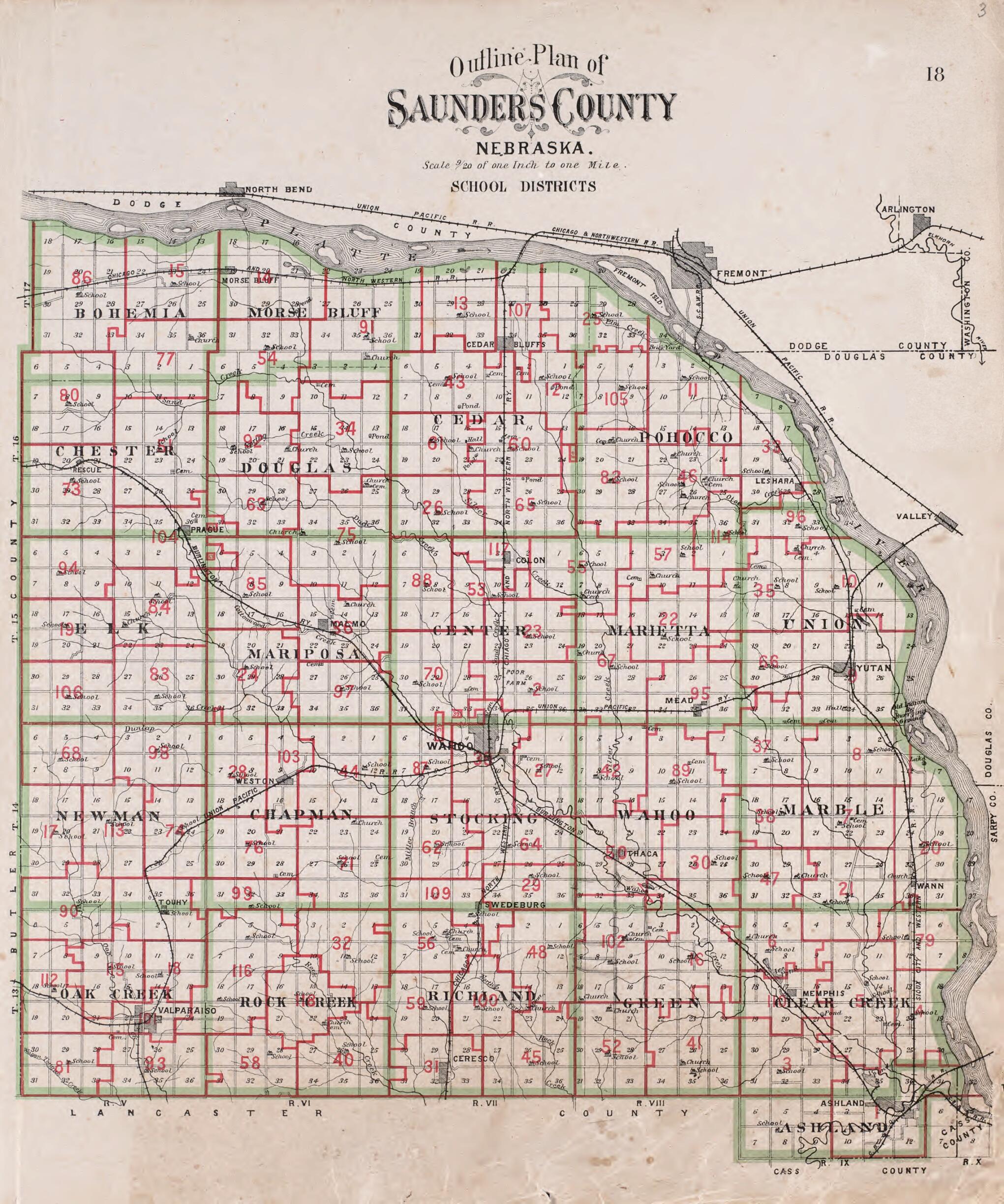 This old map of Outline Plan of Saunders County, NE School Districts from Plat Book of Saunders County, Nebraska from 1907 was created by  Brown-Scoville Publishing Company in 1907