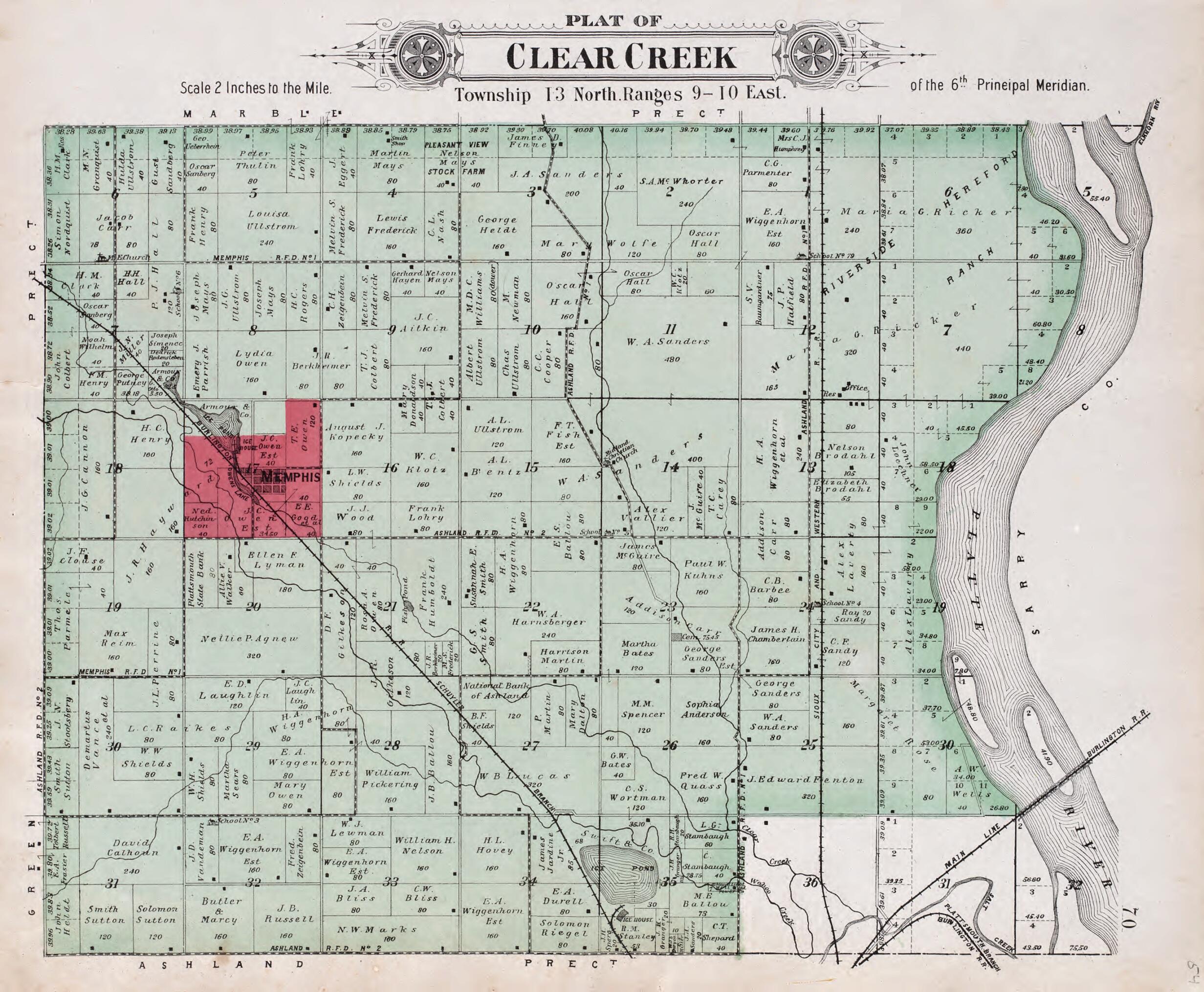 This old map of Clear Creek from Plat Book of Saunders County, Nebraska from 1907 was created by  Brown-Scoville Publishing Company in 1907