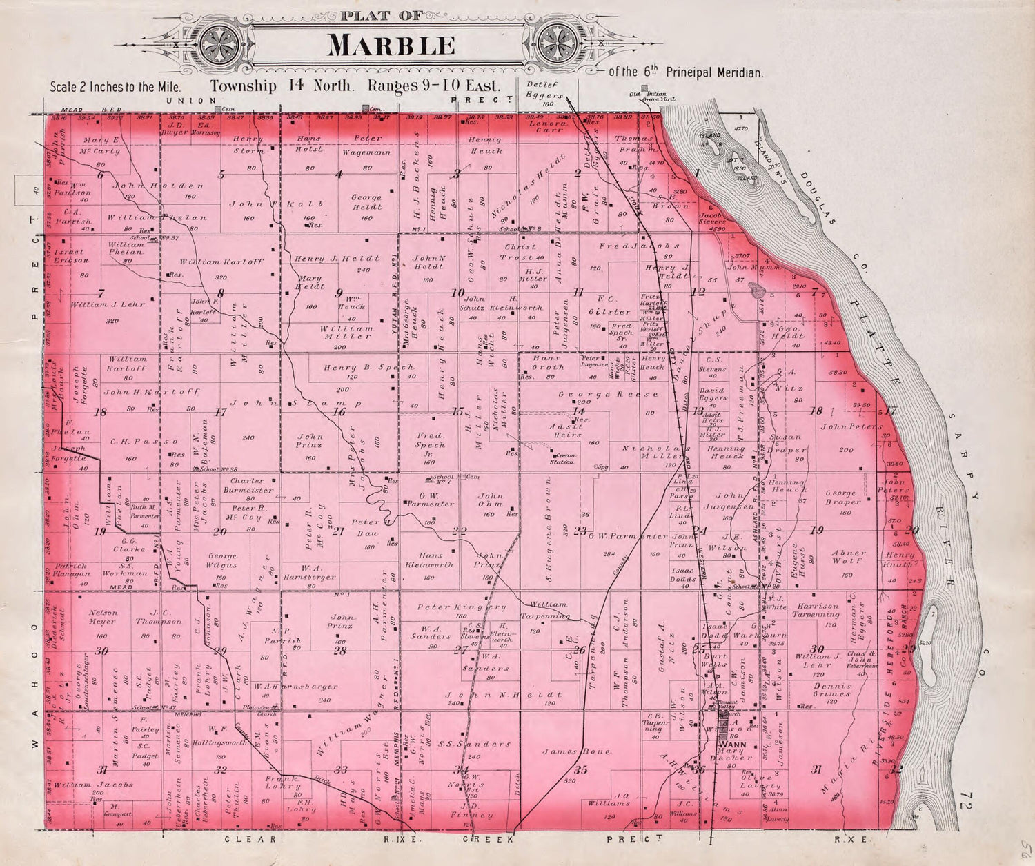 This old map of Marble from Plat Book of Saunders County, Nebraska from 1907 was created by  Brown-Scoville Publishing Company in 1907