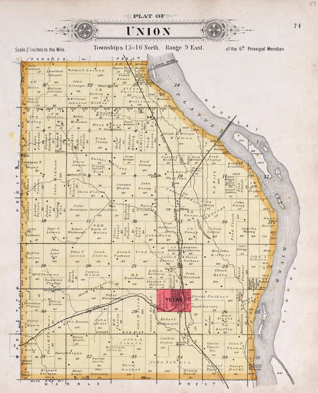 This old map of Union from Plat Book of Saunders County, Nebraska from 1907 was created by  Brown-Scoville Publishing Company in 1907