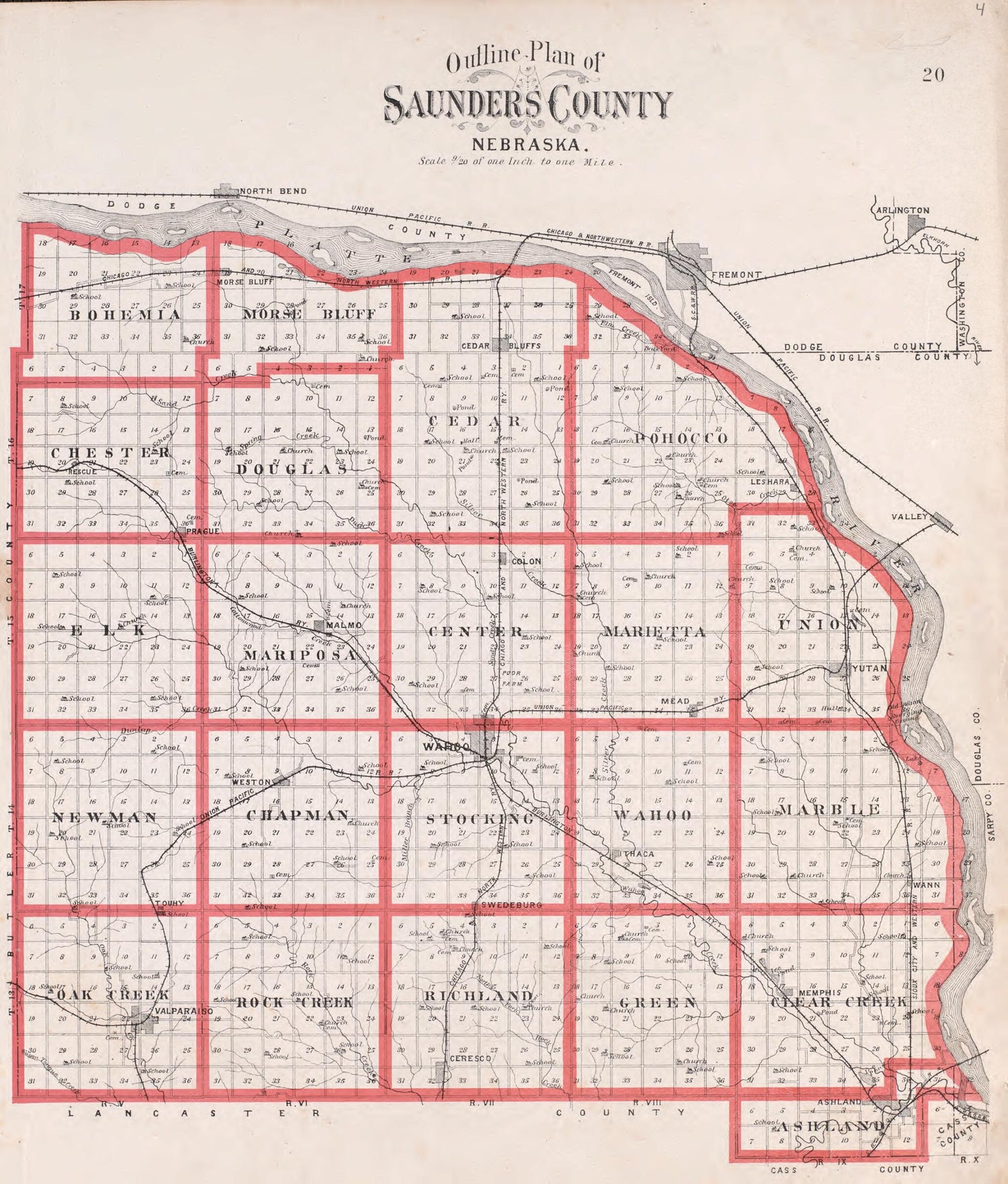 This old map of Outline Plan of Saunders County, NE from Plat Book of Saunders County, Nebraska from 1907 was created by  Brown-Scoville Publishing Company in 1907