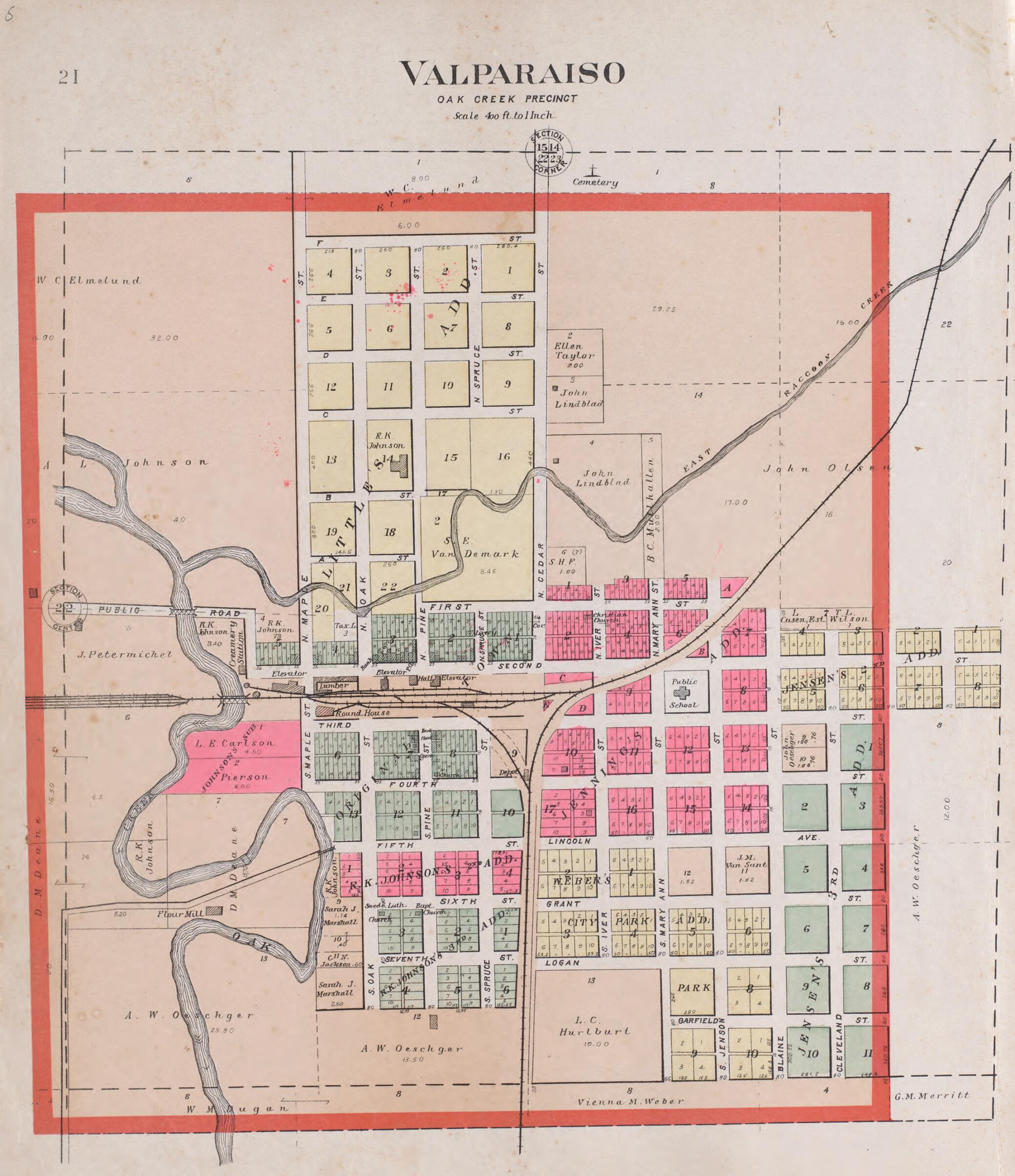 This old map of Valparaiso, Oak Creek Precinct from Plat Book of Saunders County, Nebraska from 1907 was created by  Brown-Scoville Publishing Company in 1907