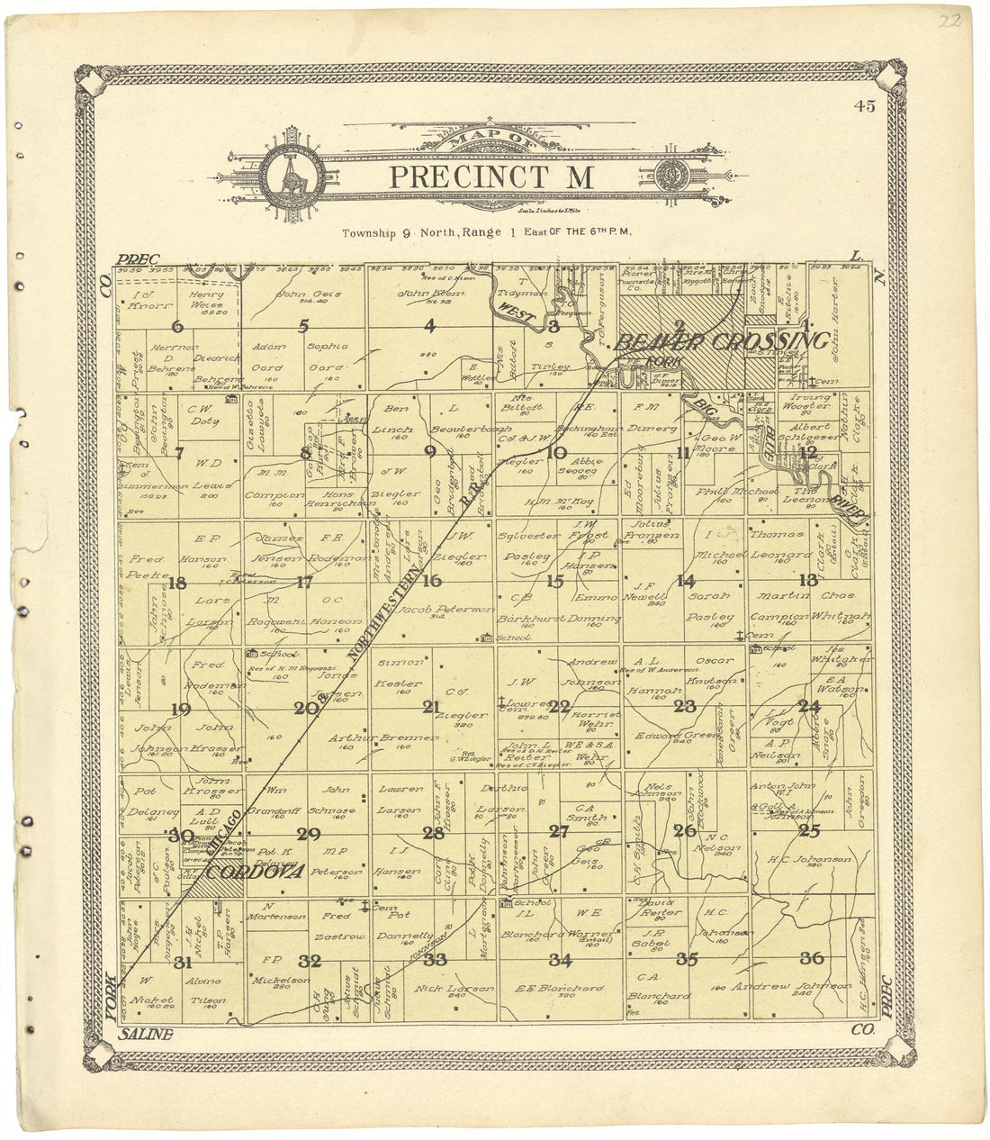 This old map of Map of Precinct M from Standard Atlas of Seward County, Nebraska from 1908 was created by  Alden Publishing Co in 1908