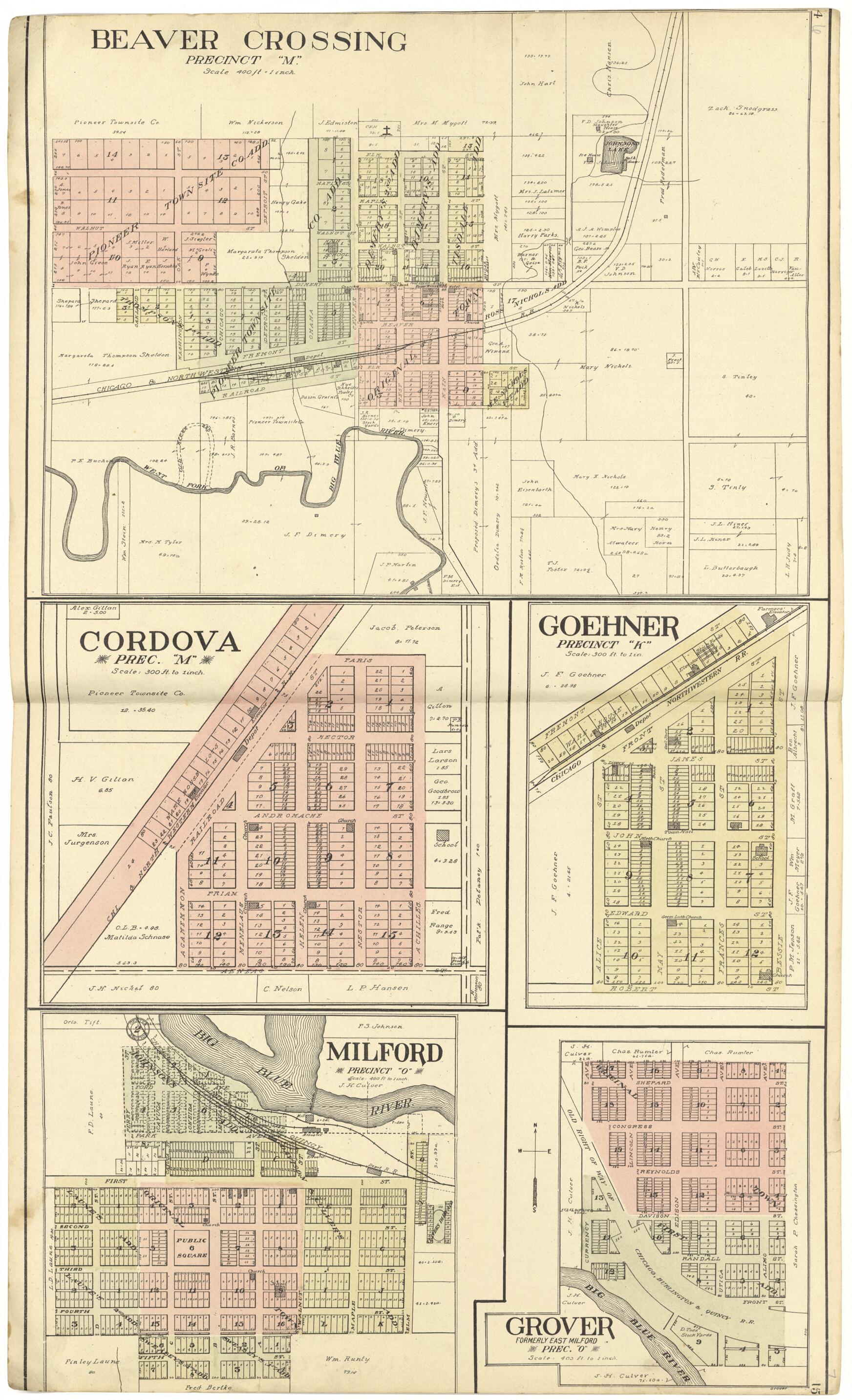 This old map of Beaver Crossing; Cordova; Goehner; Milford; Grover from Standard Atlas of Seward County, Nebraska from 1908 was created by  Alden Publishing Co in 1908