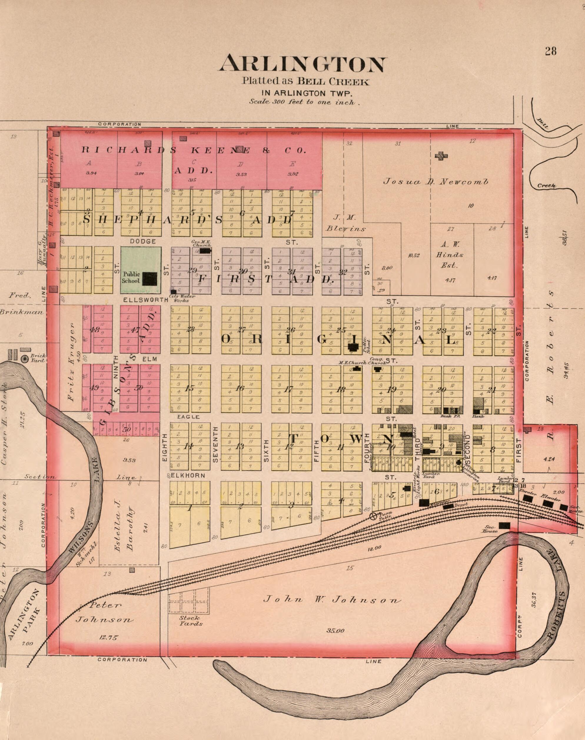 This old map of Arlington from Plat Book of Washington County, Nebraska from 1908 was created by Albert Volk in 1908