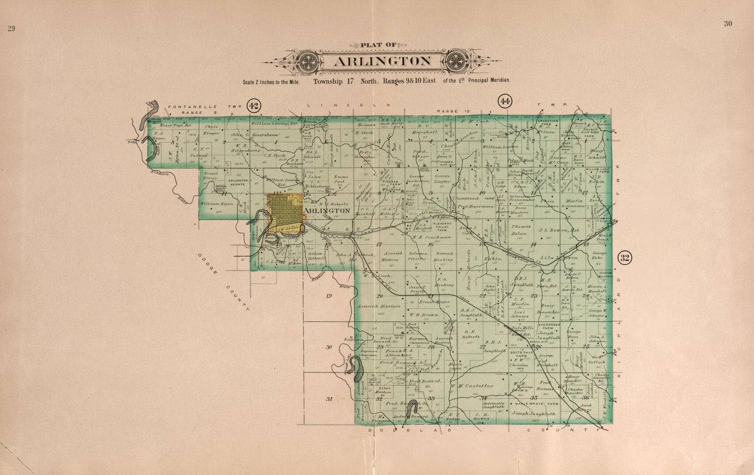 This old map of Arlington from Plat Book of Washington County, Nebraska from 1908 was created by Albert Volk in 1908