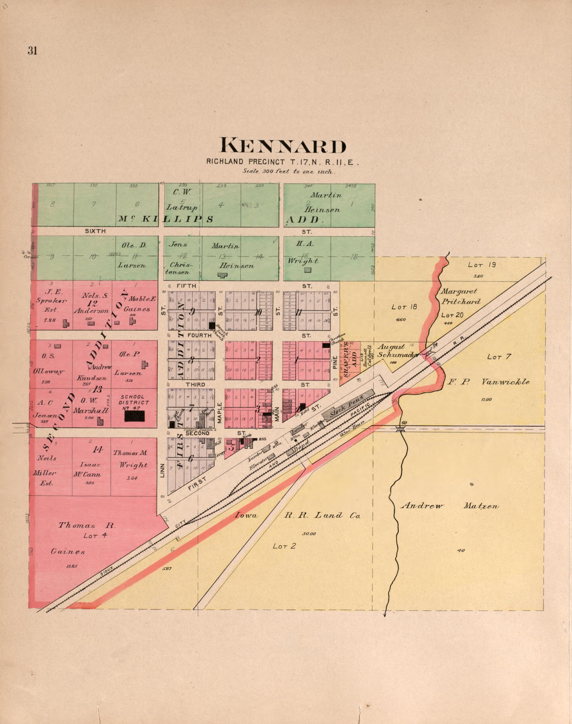 This old map of Kennard from Plat Book of Washington County, Nebraska from 1908 was created by Albert Volk in 1908