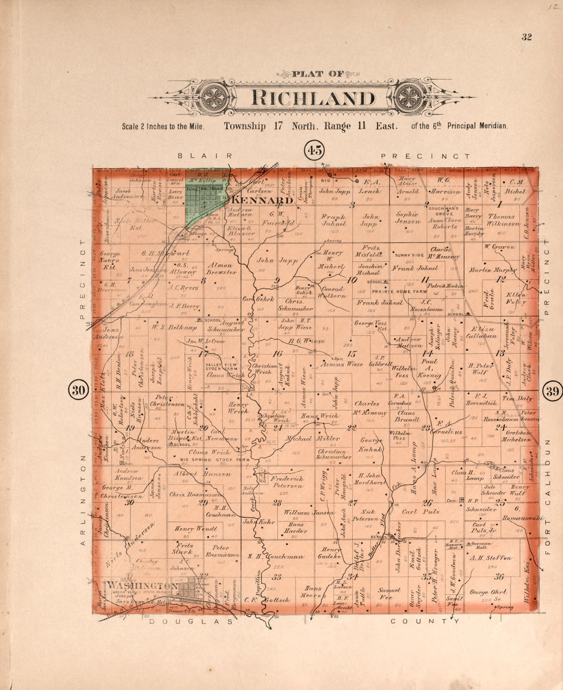 This old map of Richland from Plat Book of Washington County, Nebraska from 1908 was created by Albert Volk in 1908