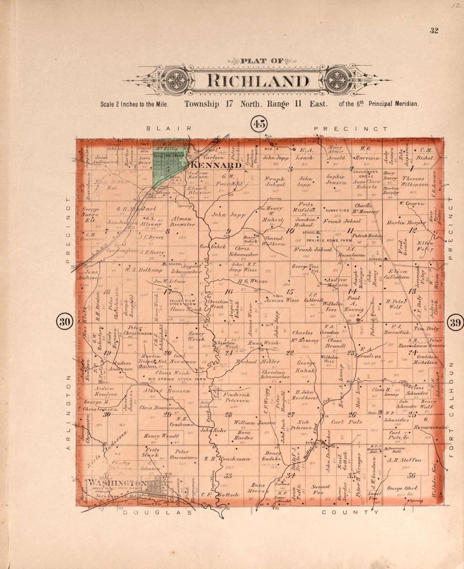 This old map of Richland from Plat Book of Washington County, Nebraska from 1908 was created by Albert Volk in 1908