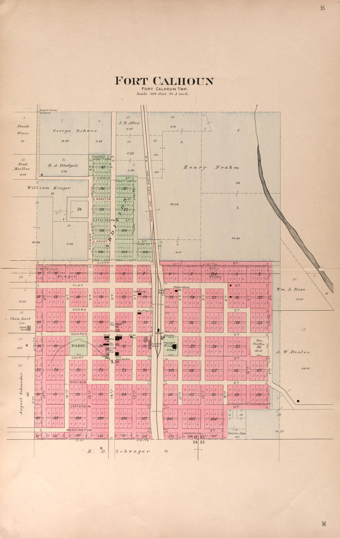 This old map of Fort Calhoun from Plat Book of Washington County, Nebraska from 1908 was created by Albert Volk in 1908