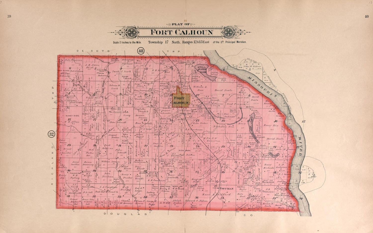 This old map of Fort Calhoun from Plat Book of Washington County, Nebraska from 1908 was created by Albert Volk in 1908