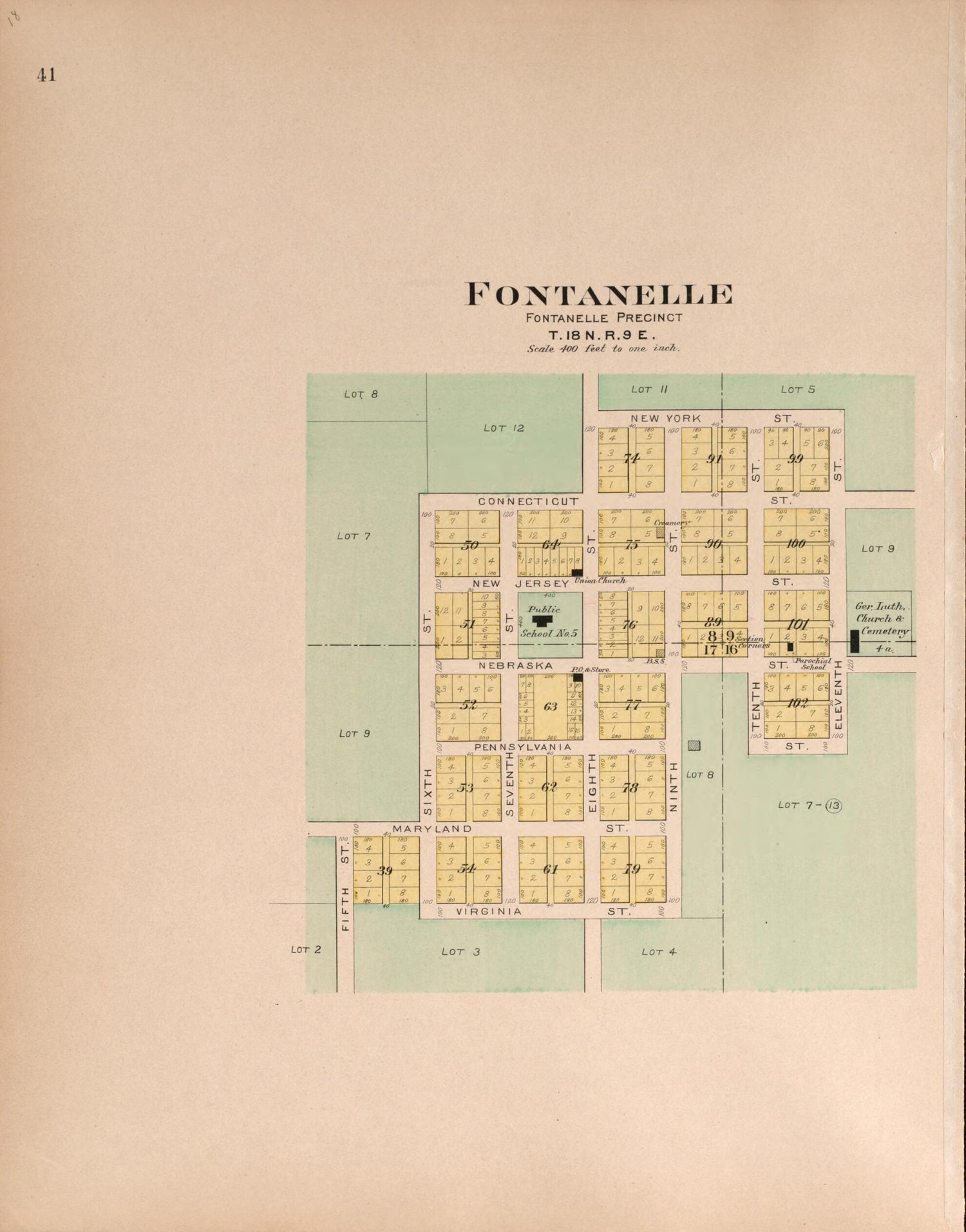 This old map of Fontanelle from Plat Book of Washington County, Nebraska from 1908 was created by Albert Volk in 1908