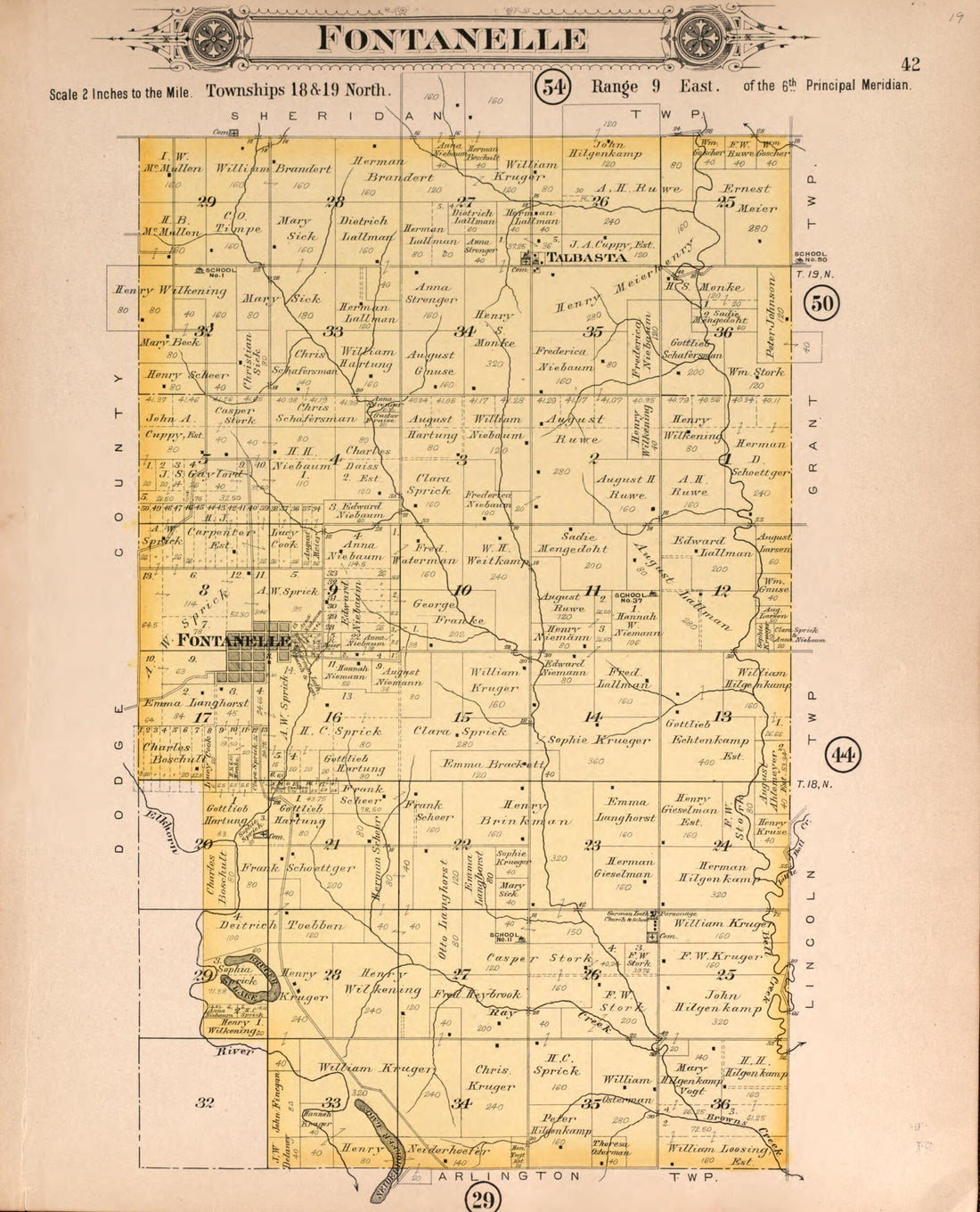 This old map of Fontanelle from Plat Book of Washington County, Nebraska from 1908 was created by Albert Volk in 1908