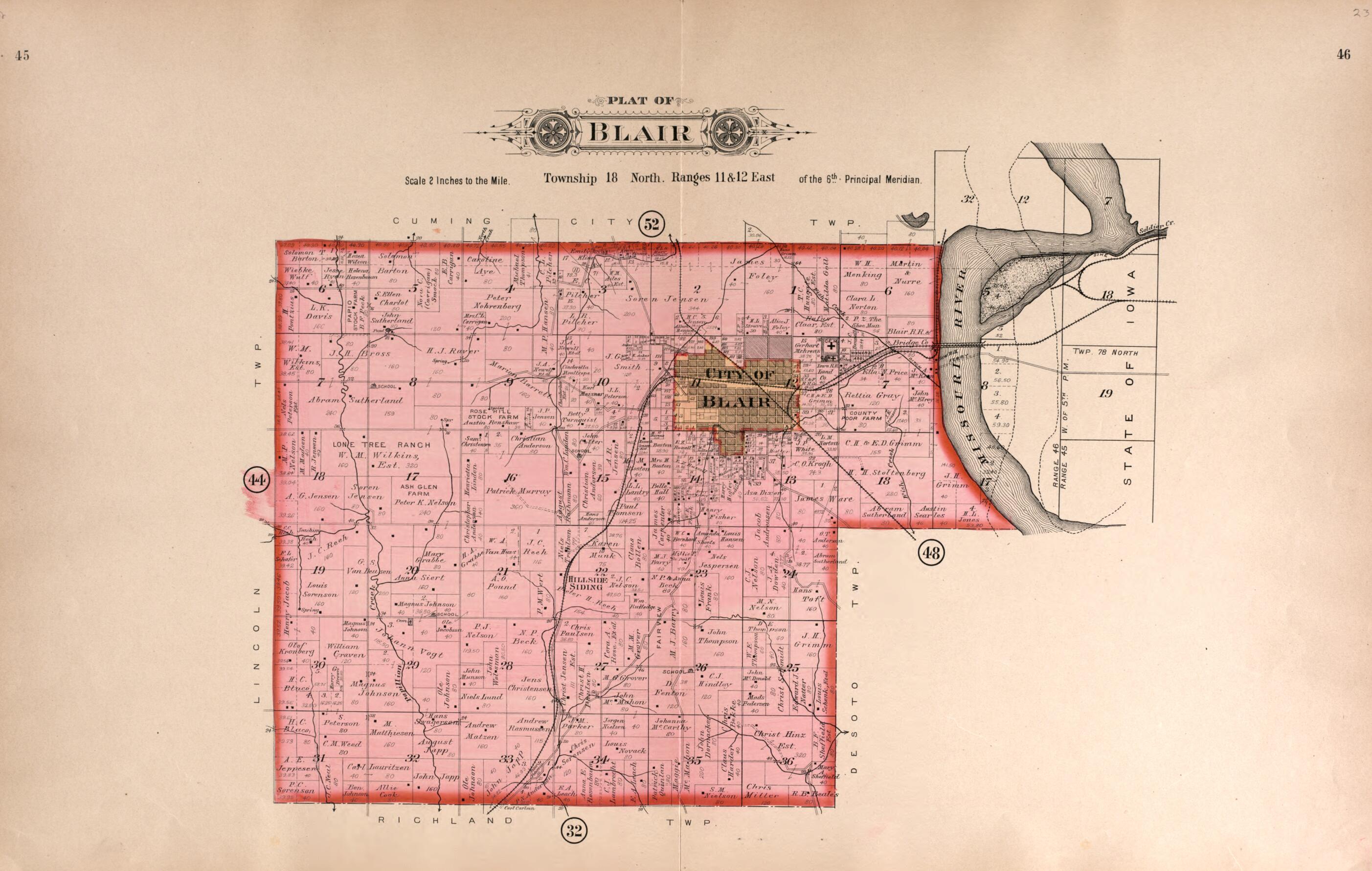 This old map of Blair from Plat Book of Washington County, Nebraska from 1908 was created by Albert Volk in 1908