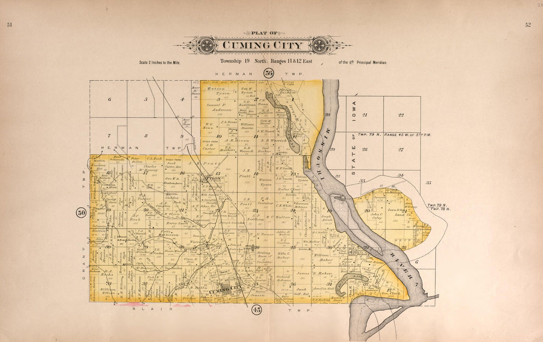 This old map of Cuming City from Plat Book of Washington County, Nebraska from 1908 was created by Albert Volk in 1908