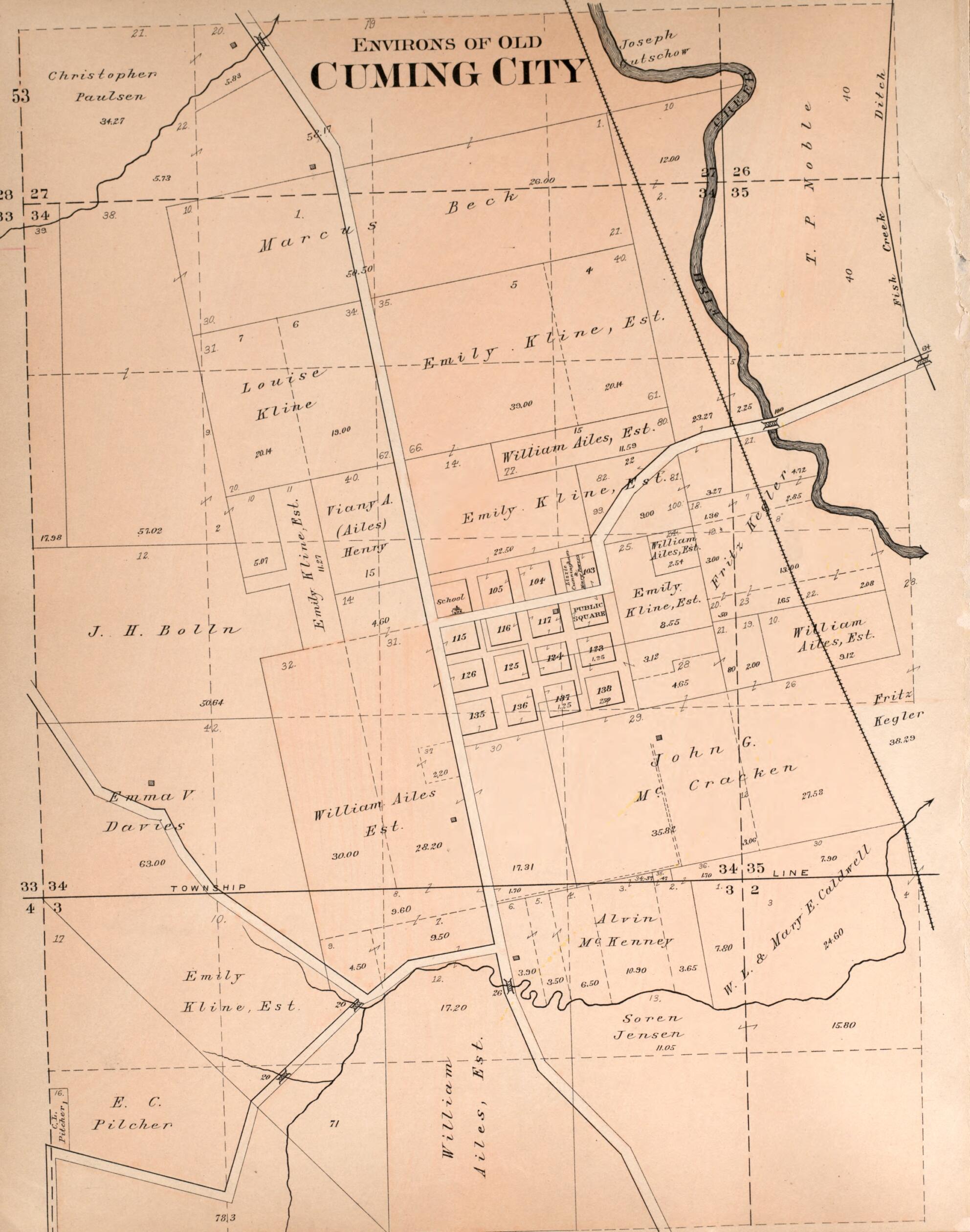 This old map of Cuming City from Plat Book of Washington County, Nebraska from 1908 was created by Albert Volk in 1908