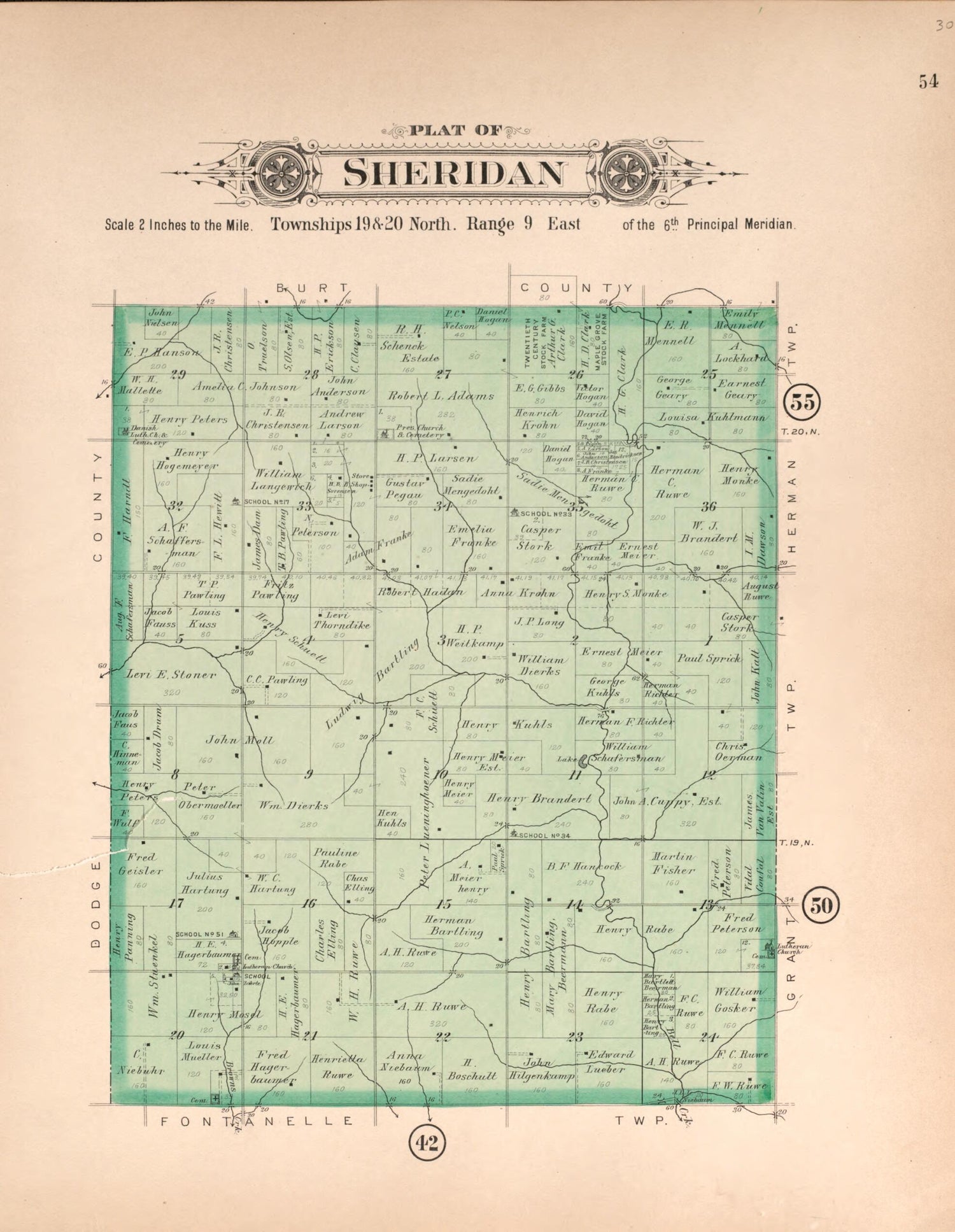 This old map of Sheridan from Plat Book of Washington County, Nebraska from 1908 was created by Albert Volk in 1908