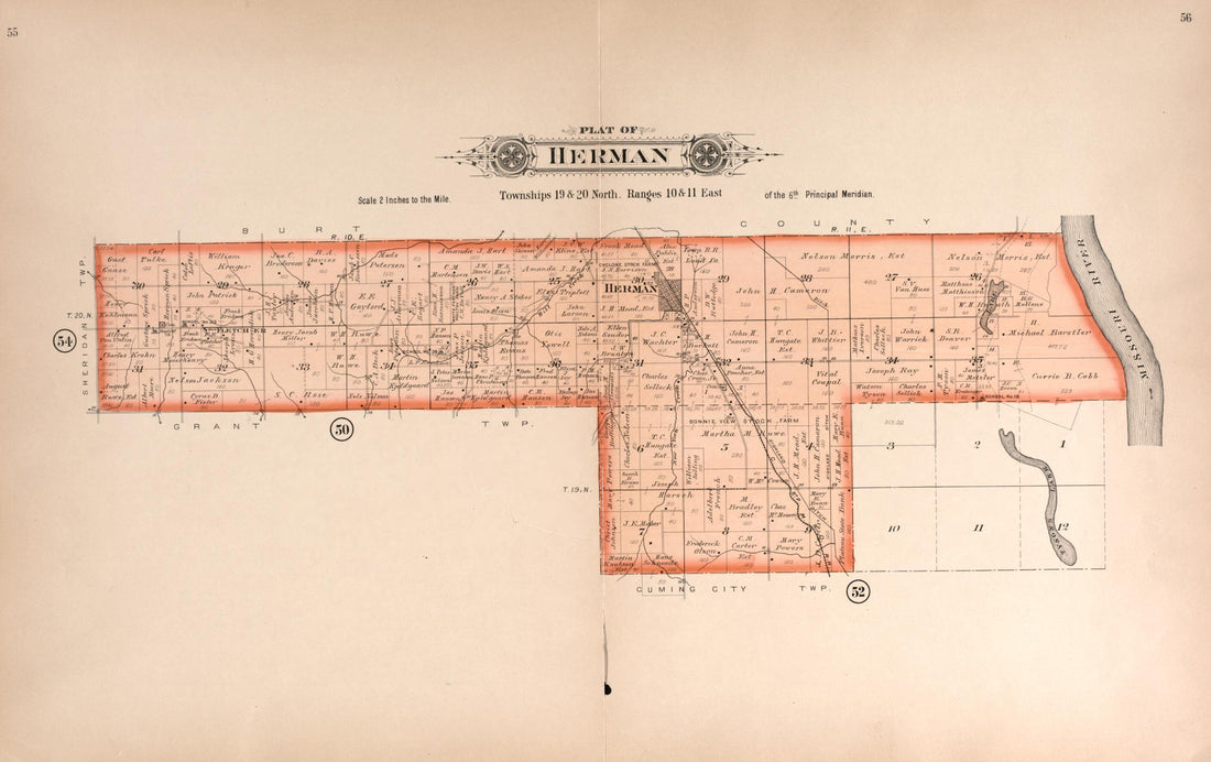 This old map of Herman from Plat Book of Washington County, Nebraska from 1908 was created by Albert Volk in 1908