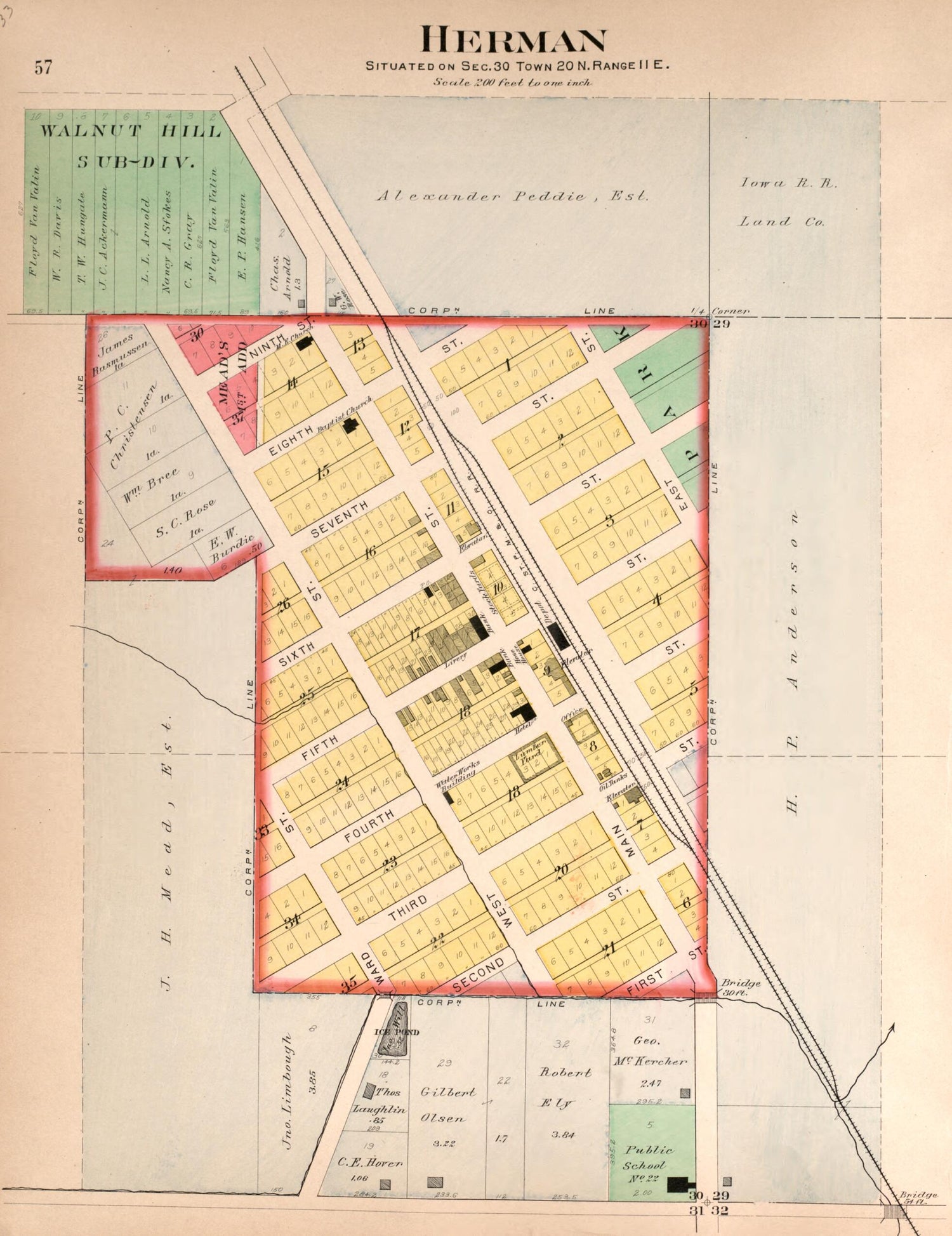 This old map of Herman from Plat Book of Washington County, Nebraska from 1908 was created by Albert Volk in 1908