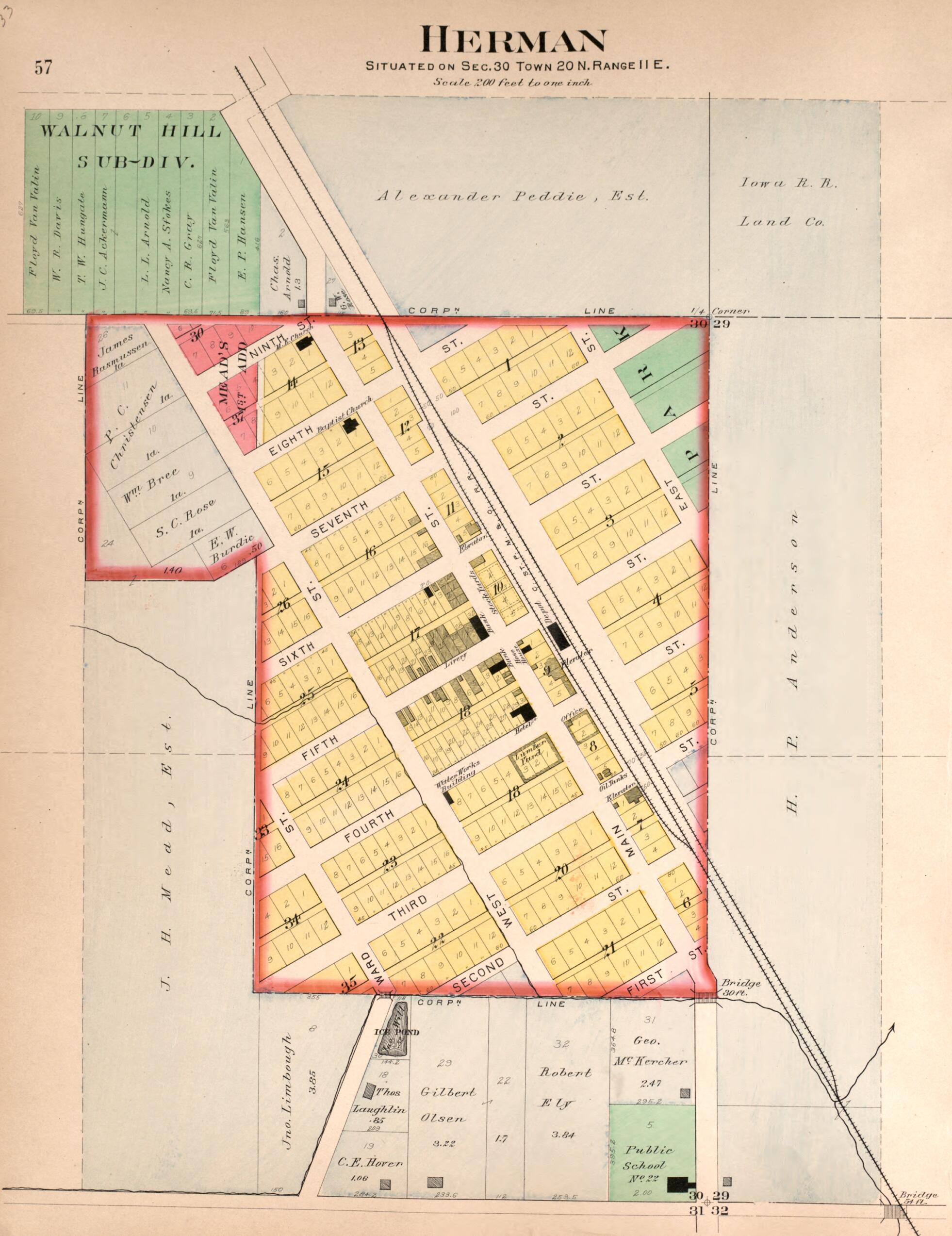 This old map of Herman from Plat Book of Washington County, Nebraska from 1908 was created by Albert Volk in 1908