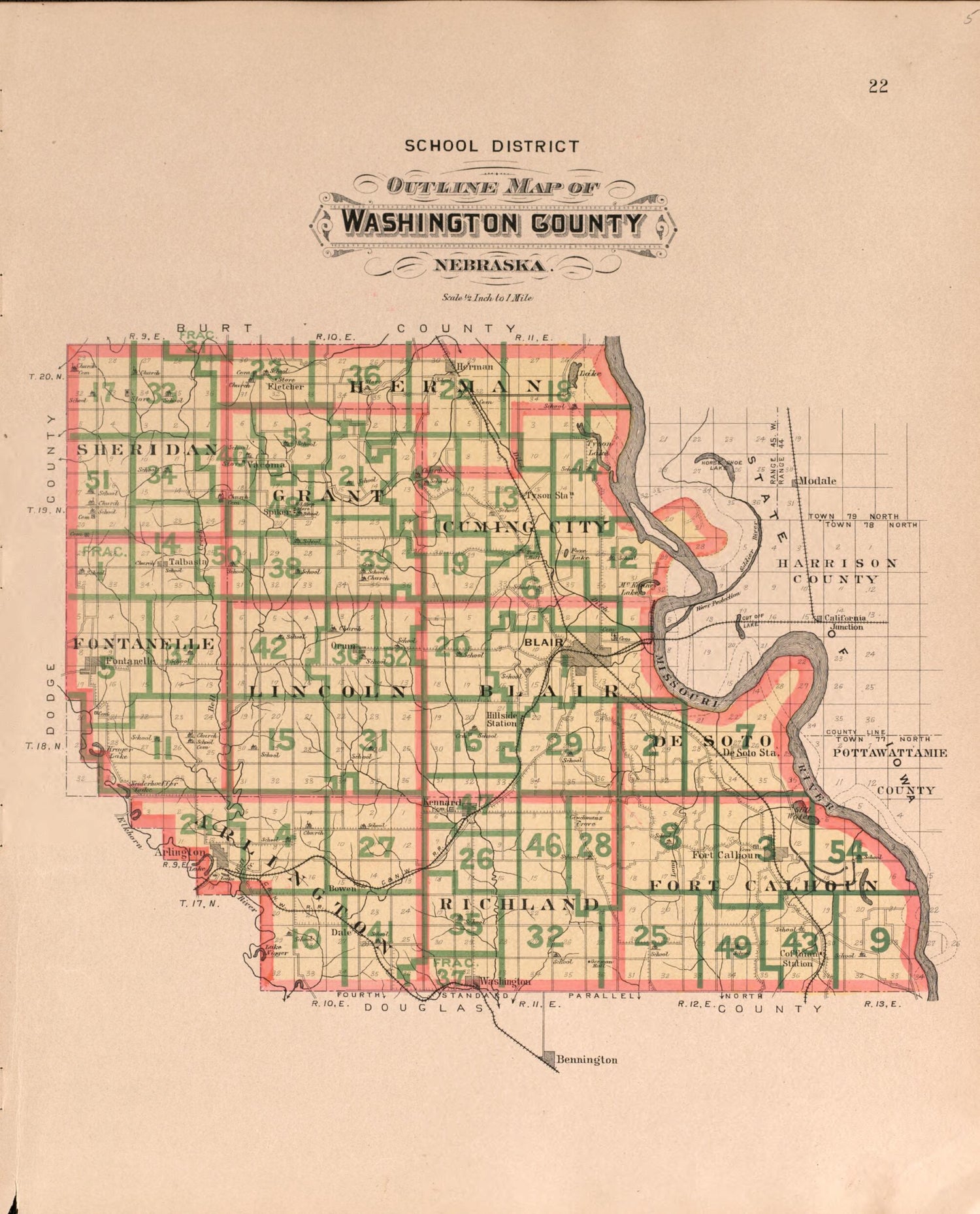 This old map of Washington County, School District from Plat Book of Washington County, Nebraska from 1908 was created by Albert Volk in 1908