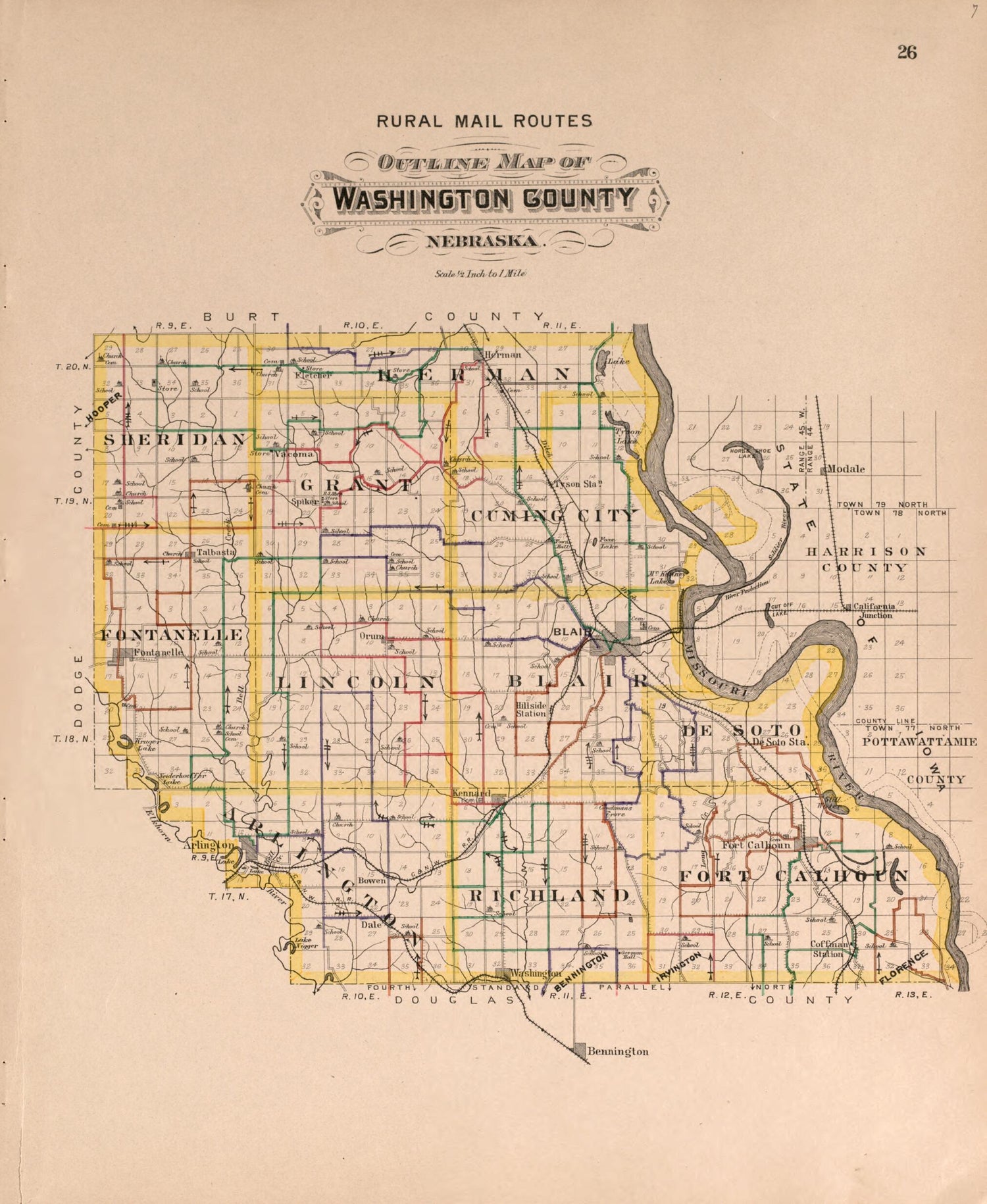 Rural Mail Routes Map of Washington County from Plat Book of Washington ...