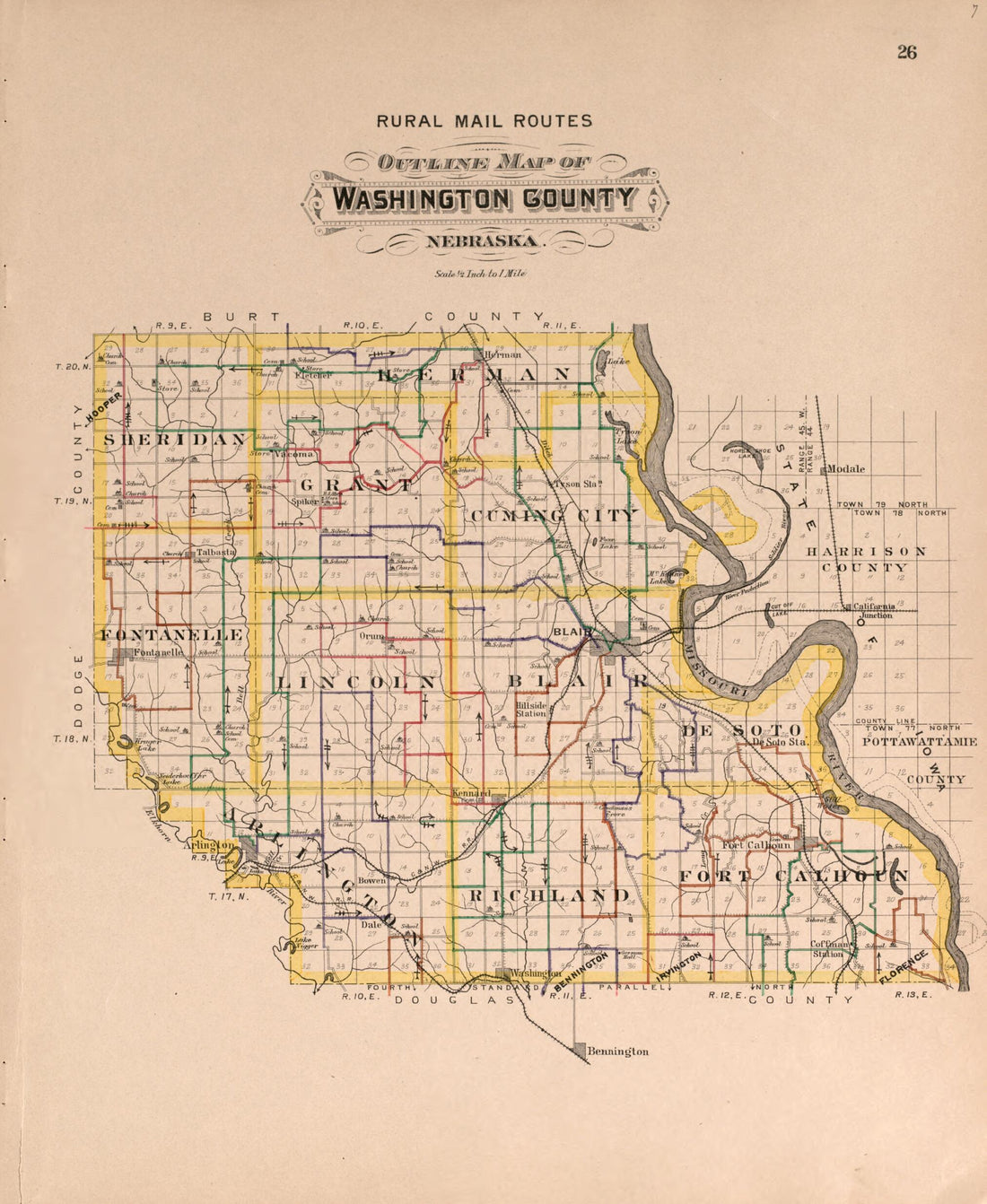 This old map of Rural Mail Routes Map of Washington County from Plat Book of Washington County, Nebraska from 1908 was created by Albert Volk in 1908