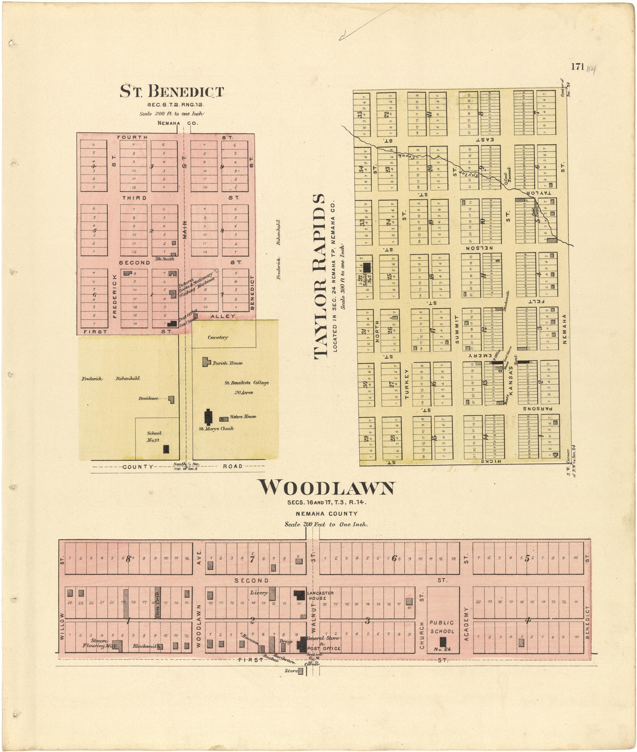 This old map of St. Benedict; Taylor Rapids; Woodlawn from Meacham&