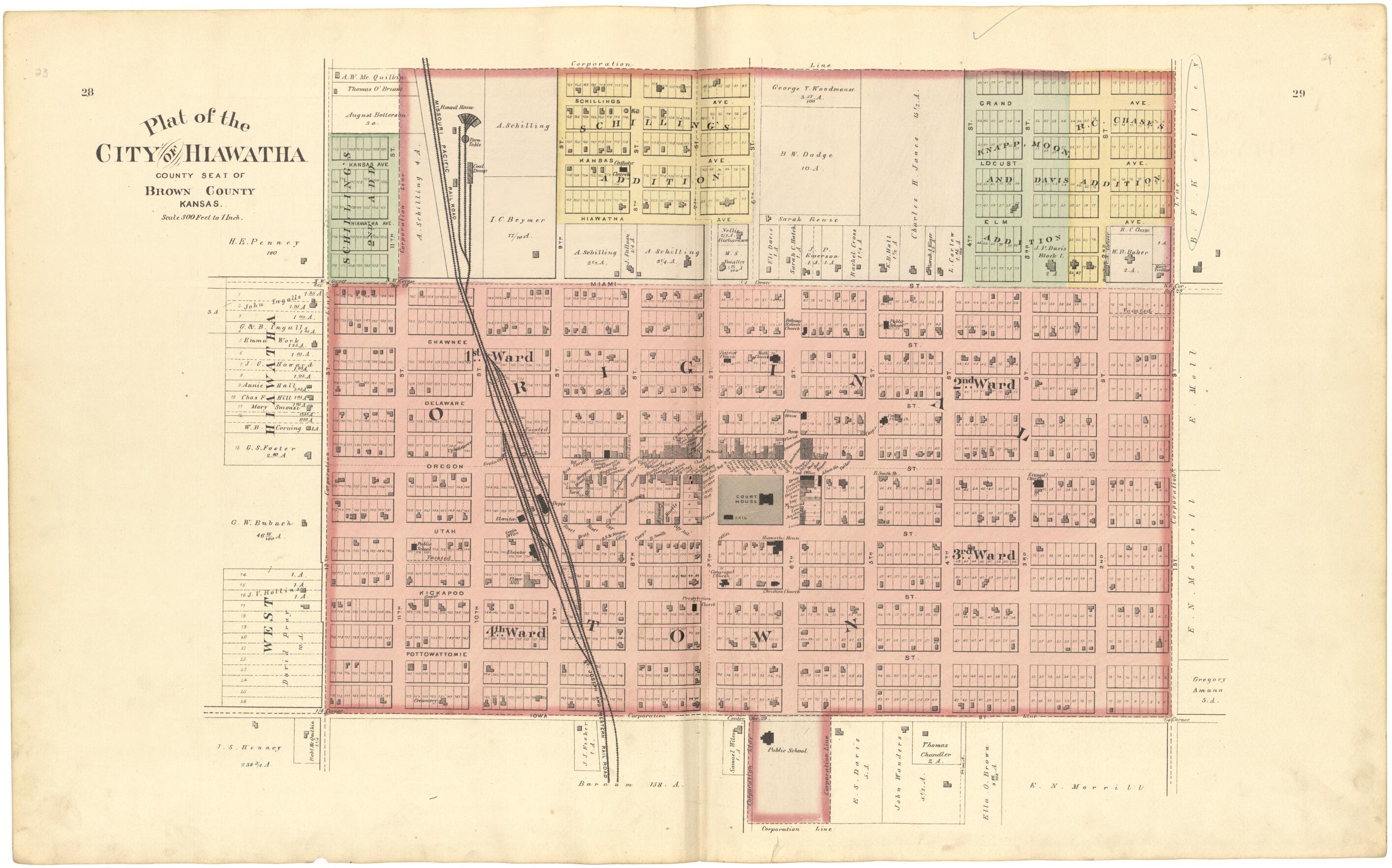 This old map of Plat of the City of Hiawatha from Meacham&