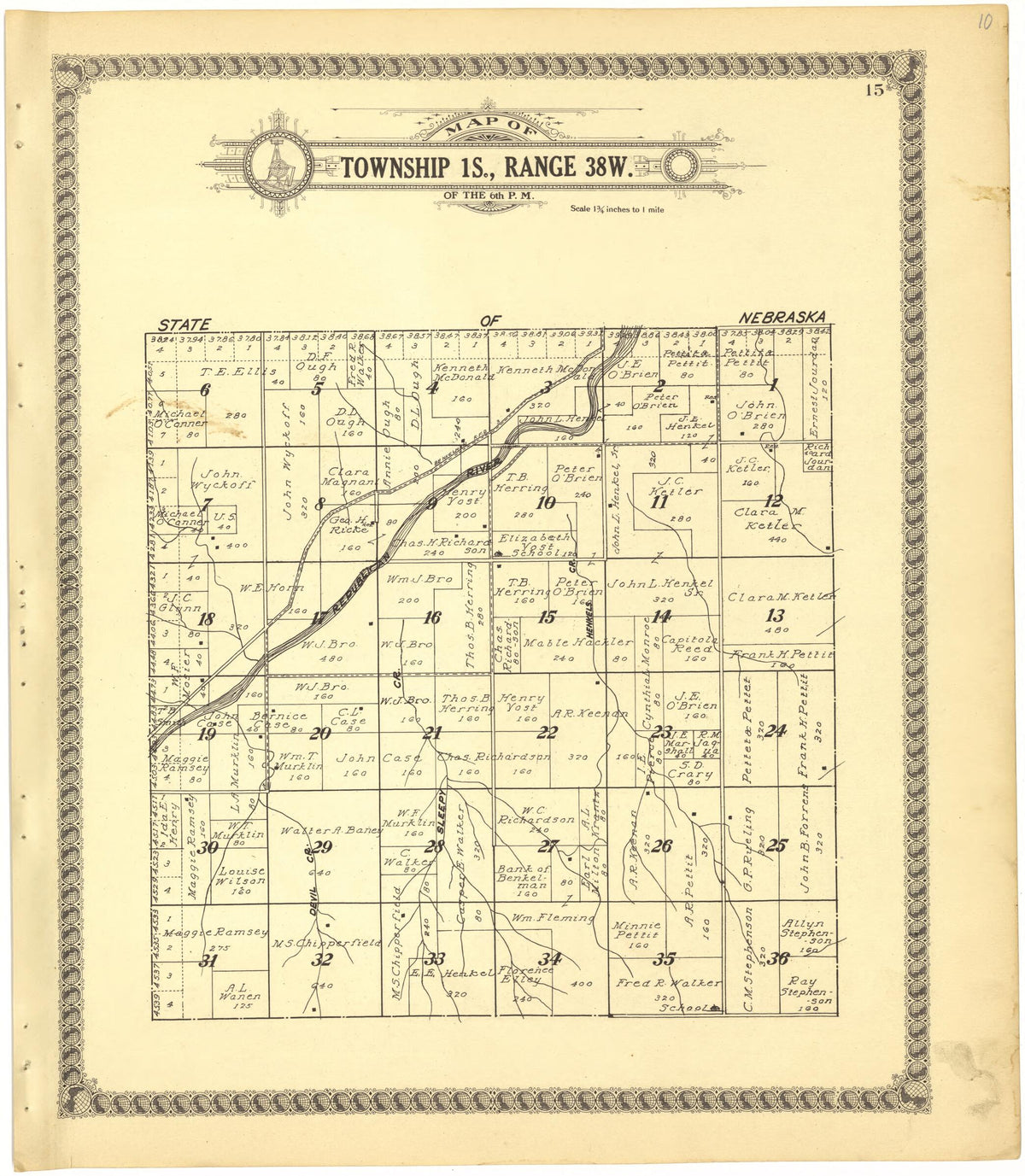 Map of Township 1S., Range 38W. of the 6th P.M. from Standard Atlas of Cheyenne County, Kansas 1928 by Relic Map Company