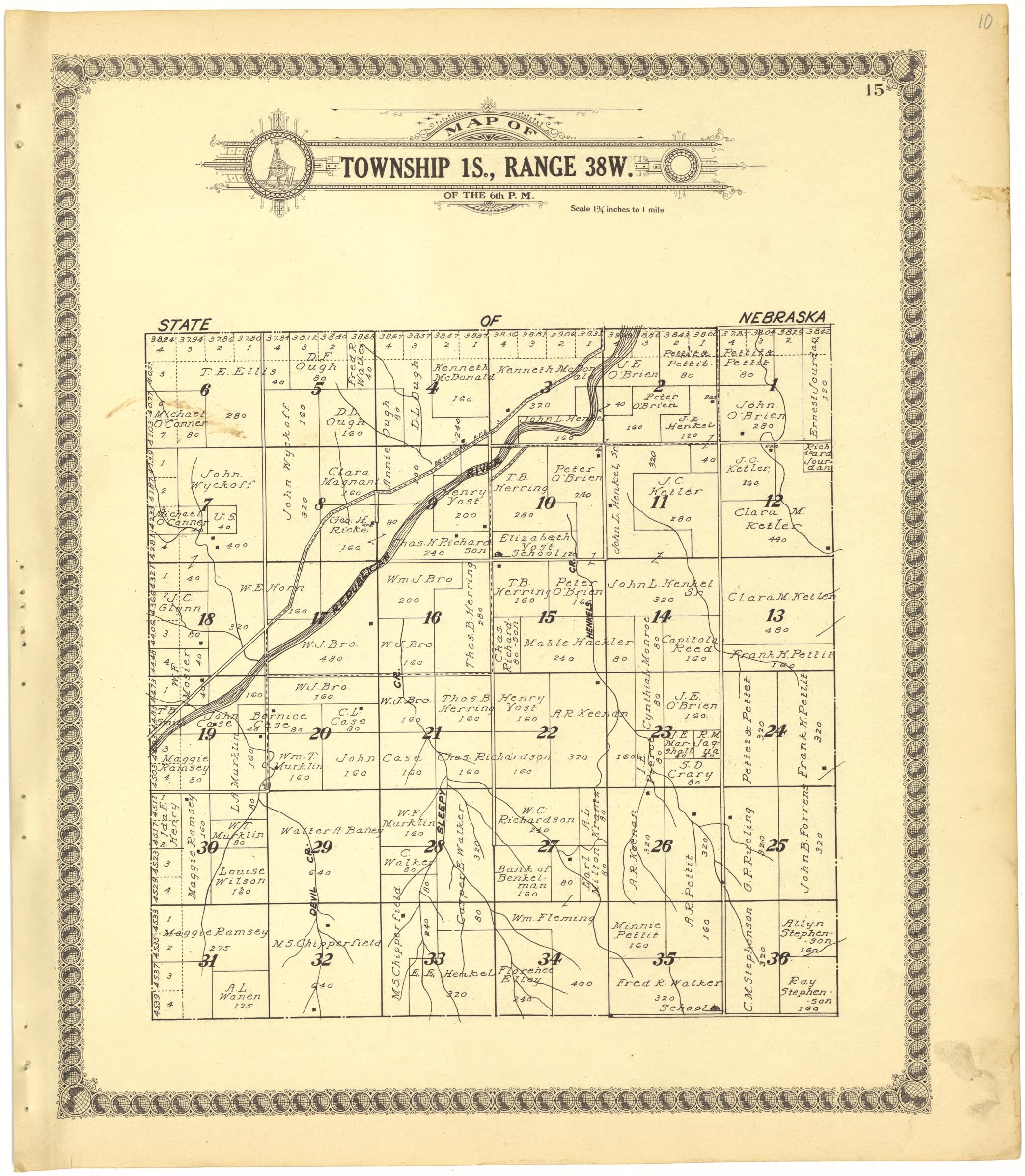 This old map of Map of Township 1S., Range 38W. of the 6th P.M. from Standard Atlas of Cheyenne County, Kansas from 1928 was created by  Brock &amp; Company in 1928