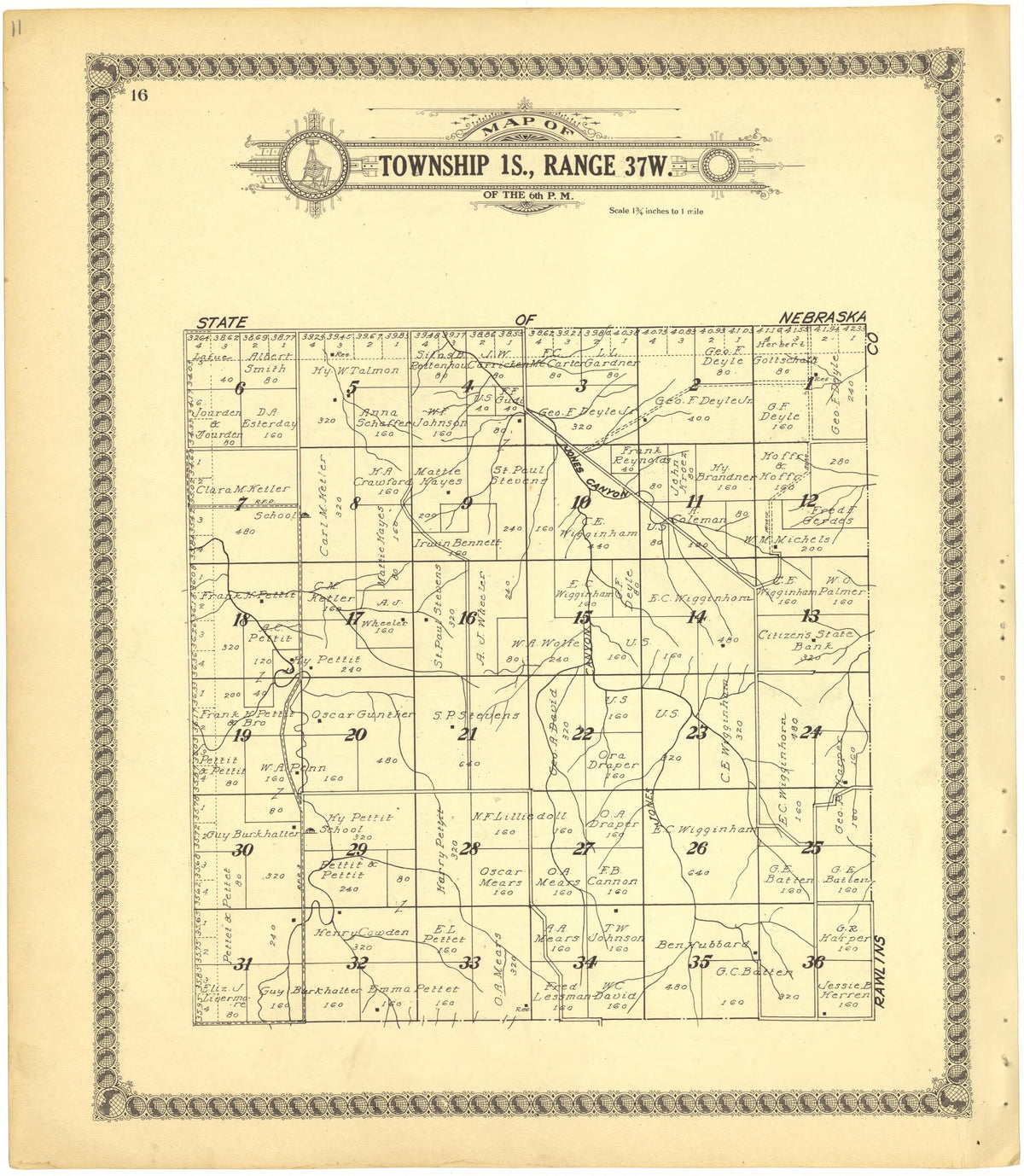 Map of Township 1S., Range 37W. of the 6th P.M. from Standard Atlas of Cheyenne County, Kansas 1928 by Relic Map Company