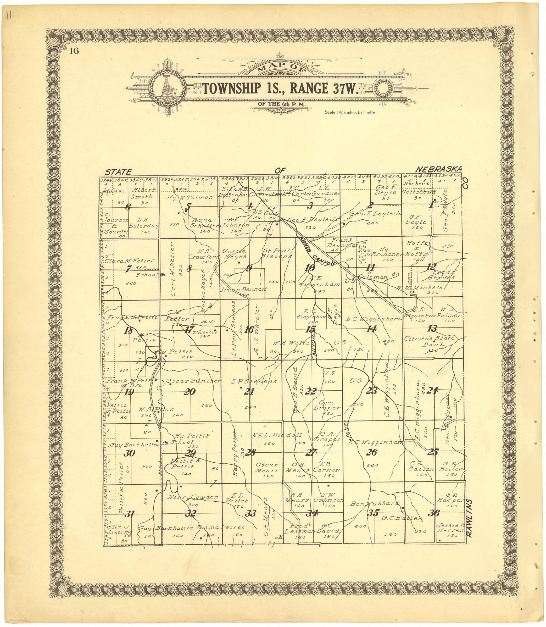 This old map of Map of Township 1S., Range 37W. of the 6th P.M. from Standard Atlas of Cheyenne County, Kansas from 1928 was created by  Brock &amp; Company in 1928