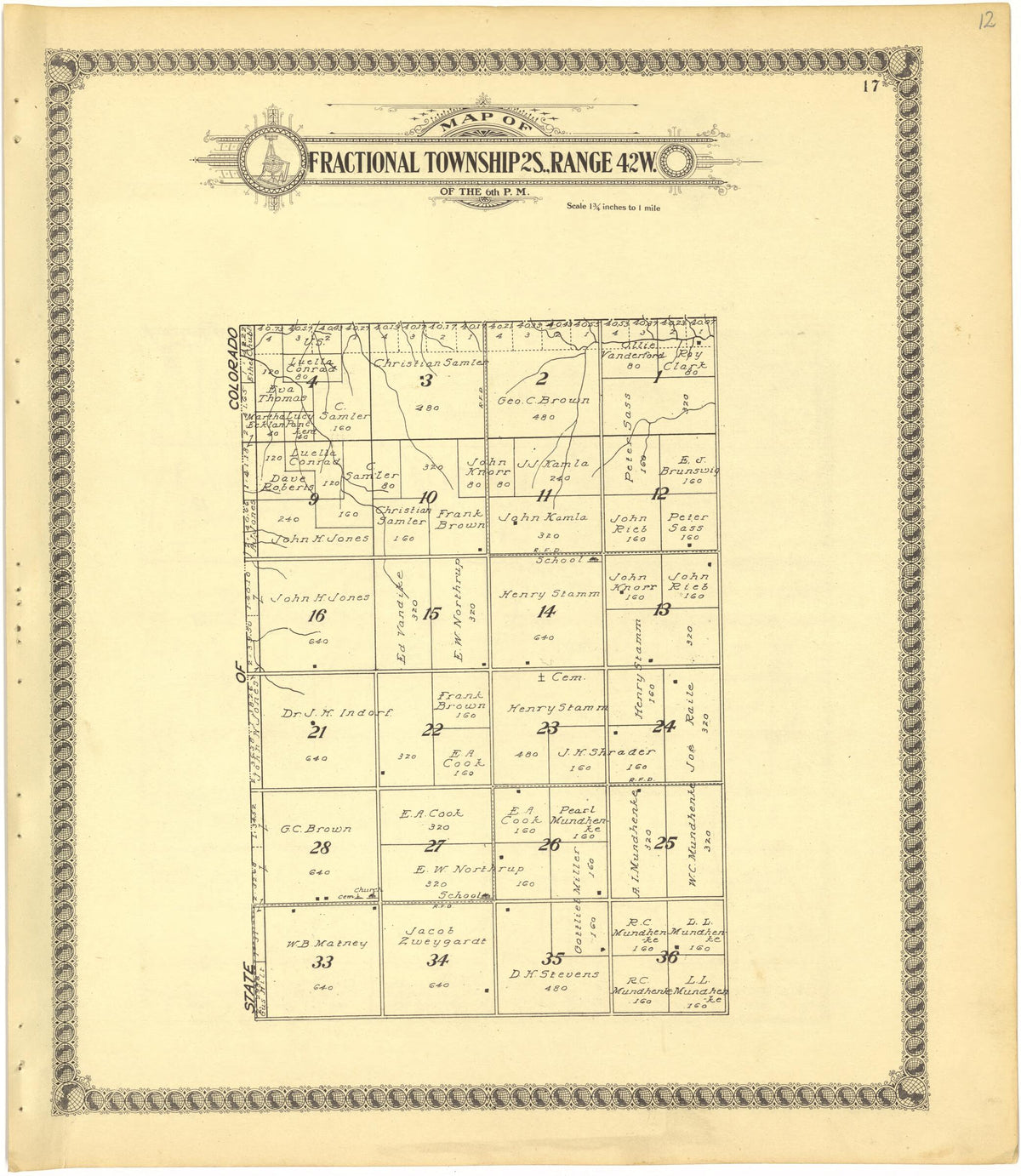 Map of Fractional Township 2S., Range 42W. of the 6th P.M. from Standard Atlas of Cheyenne County, Kansas 1928 by Relic Map Company