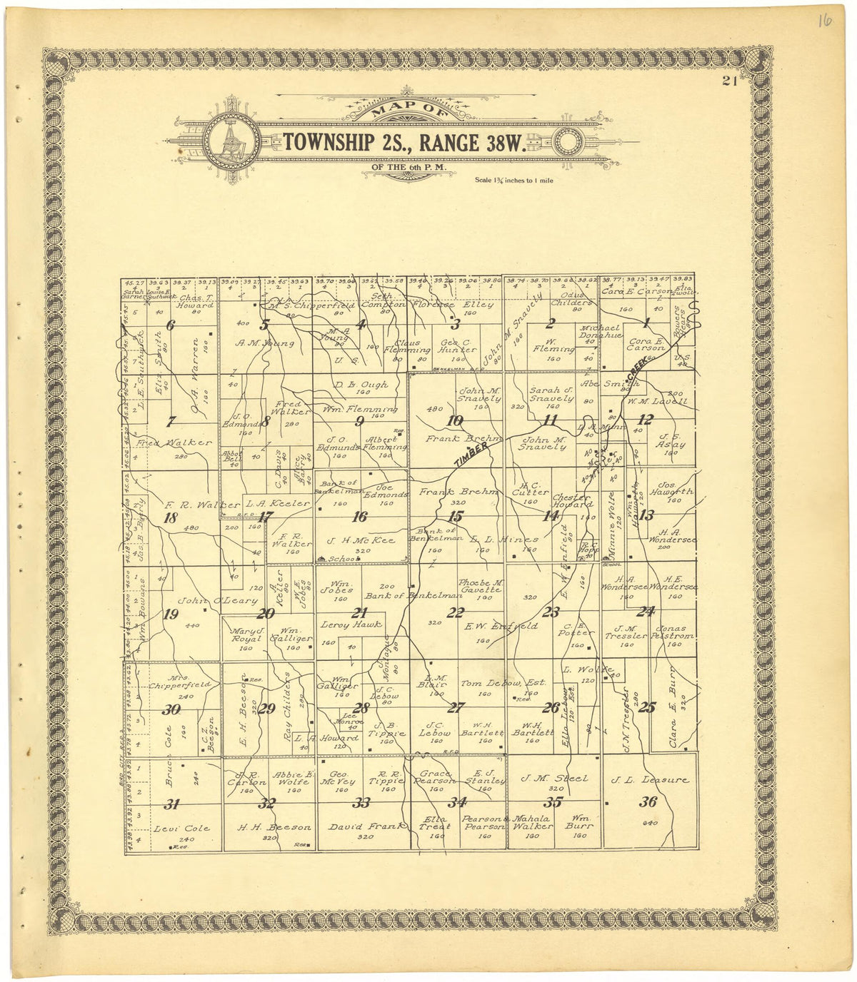 Map of Township 2S., Range 38W. of the 6th P.M. from Standard Atlas of Cheyenne County, Kansas 1928 by Relic Map Company