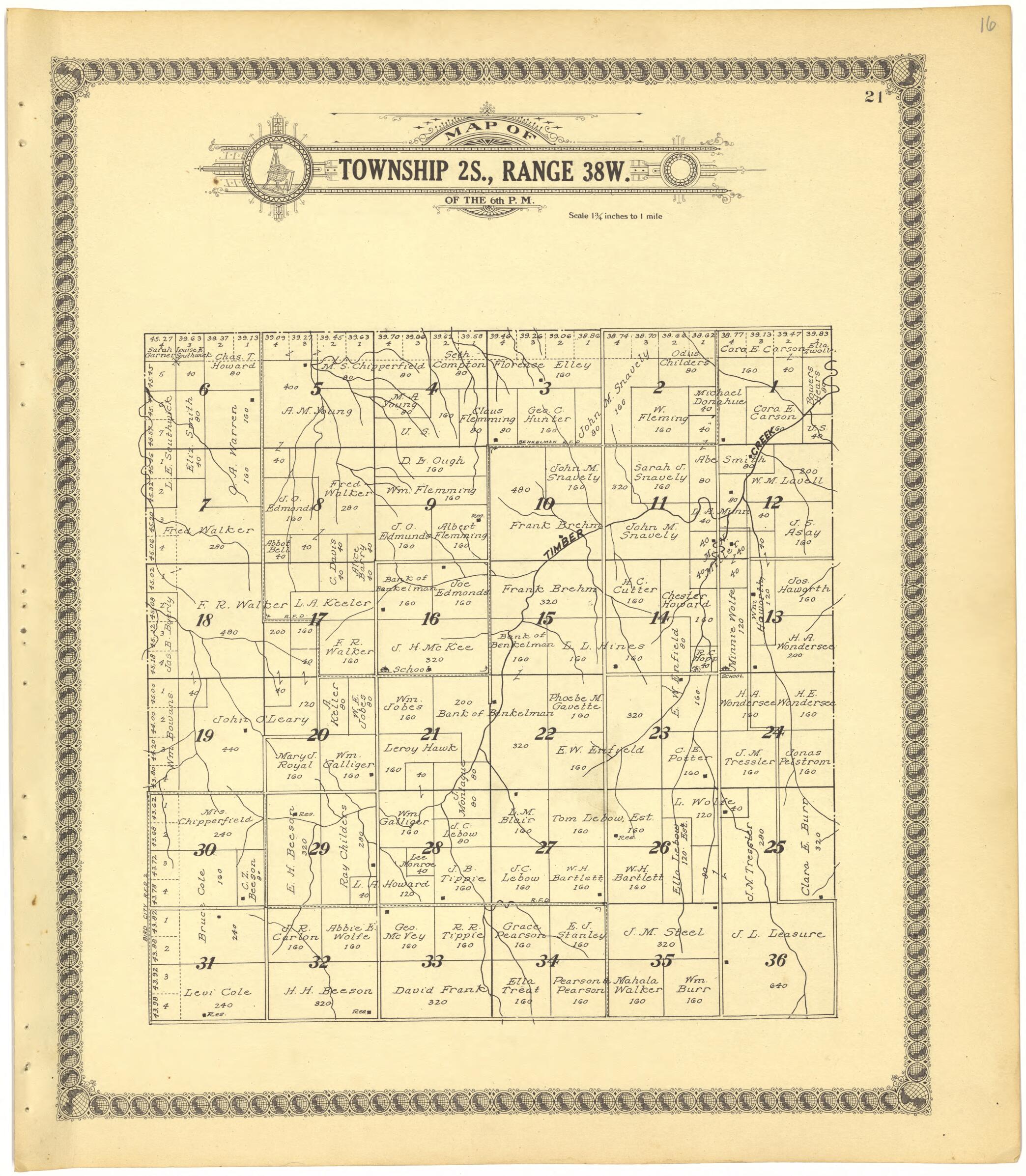 This old map of Map of Township 2S., Range 38W. of the 6th P.M. from Standard Atlas of Cheyenne County, Kansas from 1928 was created by  Brock &amp; Company in 1928