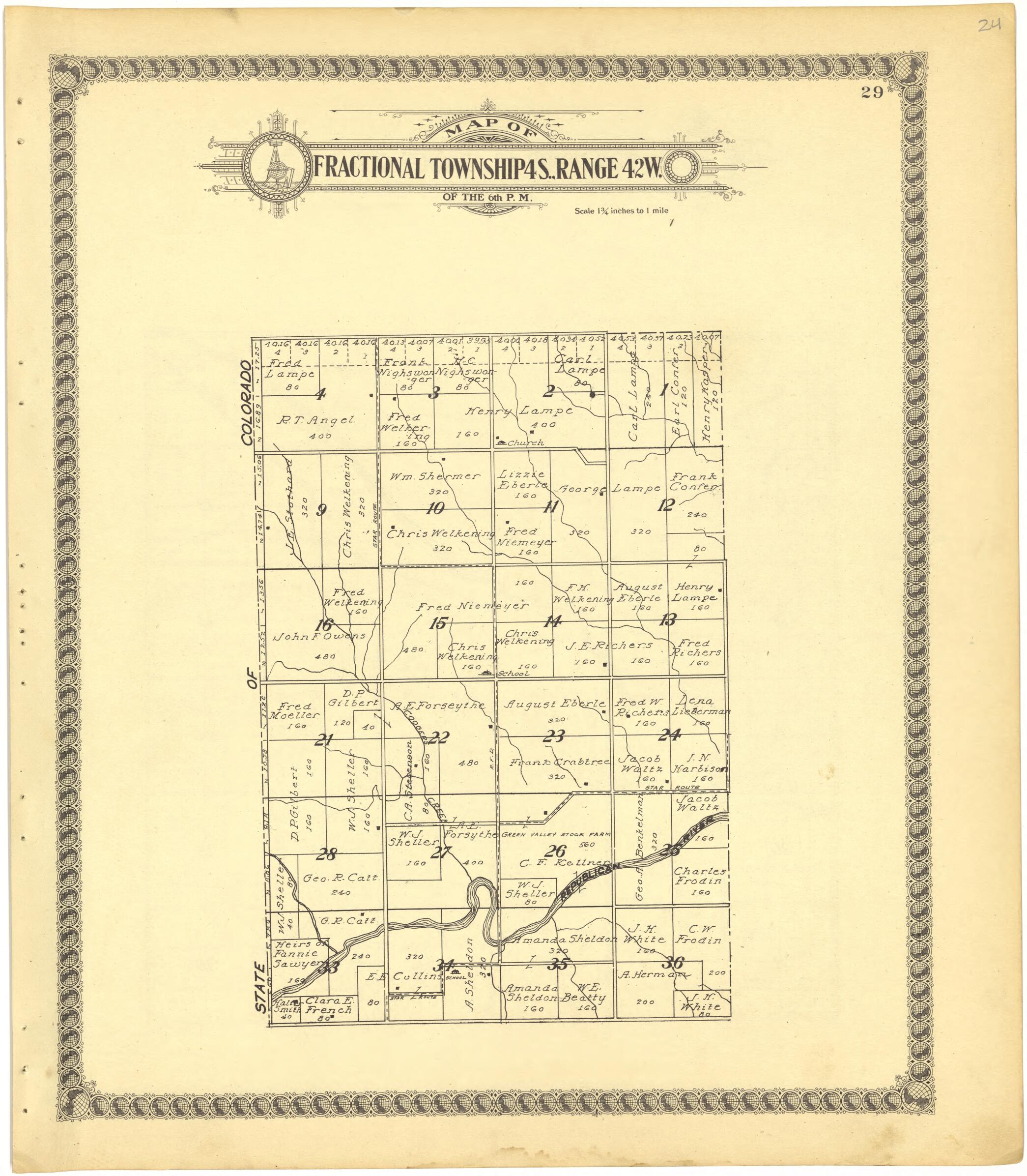 This old map of Map of Fractional Township 4S., Range 42W. of the 6th P.M. from Standard Atlas of Cheyenne County, Kansas from 1928 was created by  Brock &amp; Company in 1928