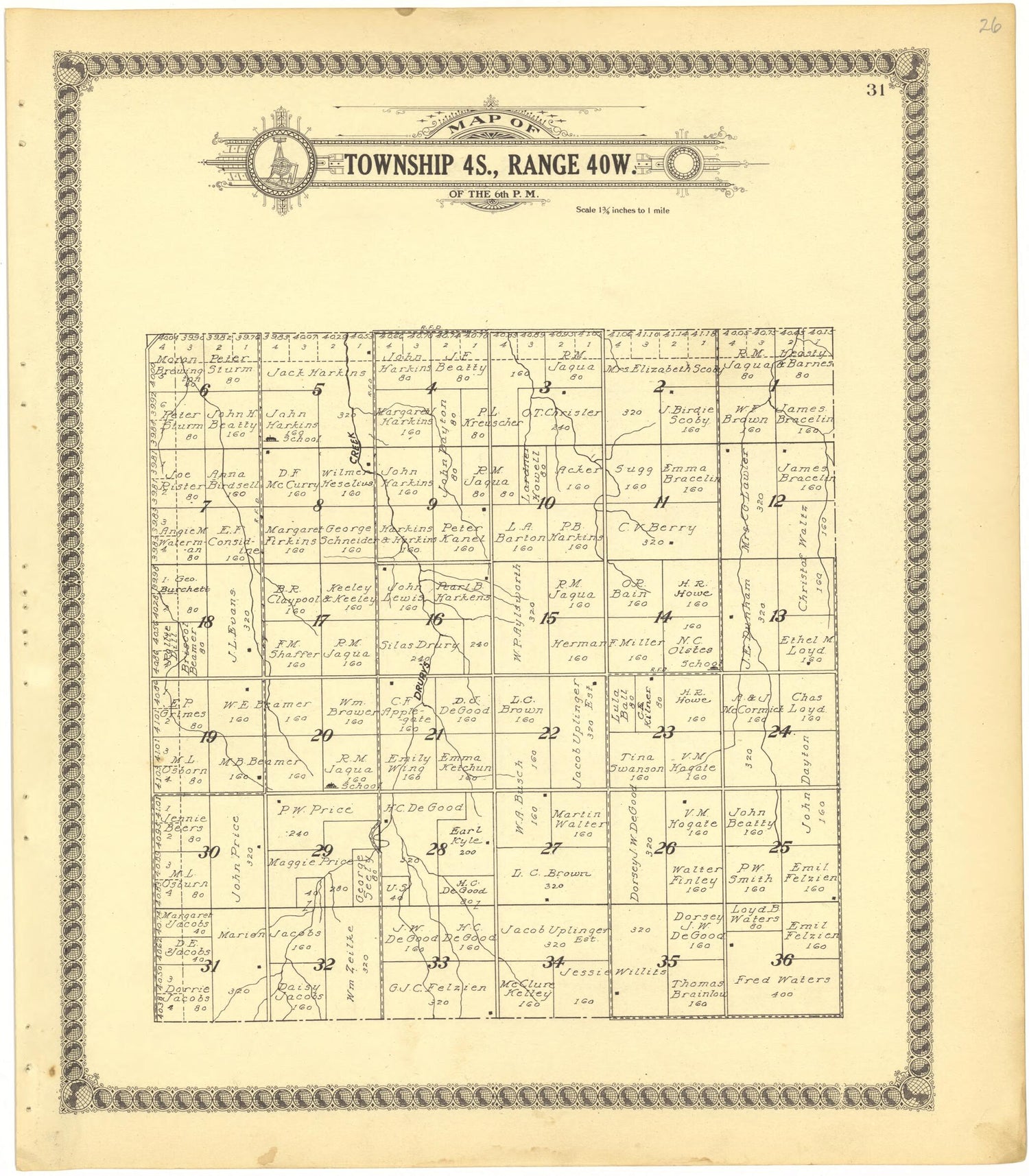 This old map of Map of Township 4S., Range 40W. of the 6th P.M. from Standard Atlas of Cheyenne County, Kansas from 1928 was created by  Brock &amp; Company in 1928