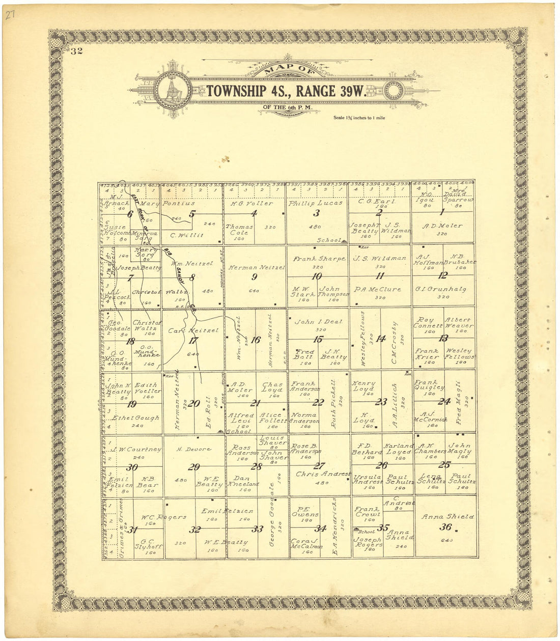 This old map of Map of Township 4S., Range 39W. of the 6th P.M. from Standard Atlas of Cheyenne County, Kansas from 1928 was created by  Brock &amp; Company in 1928