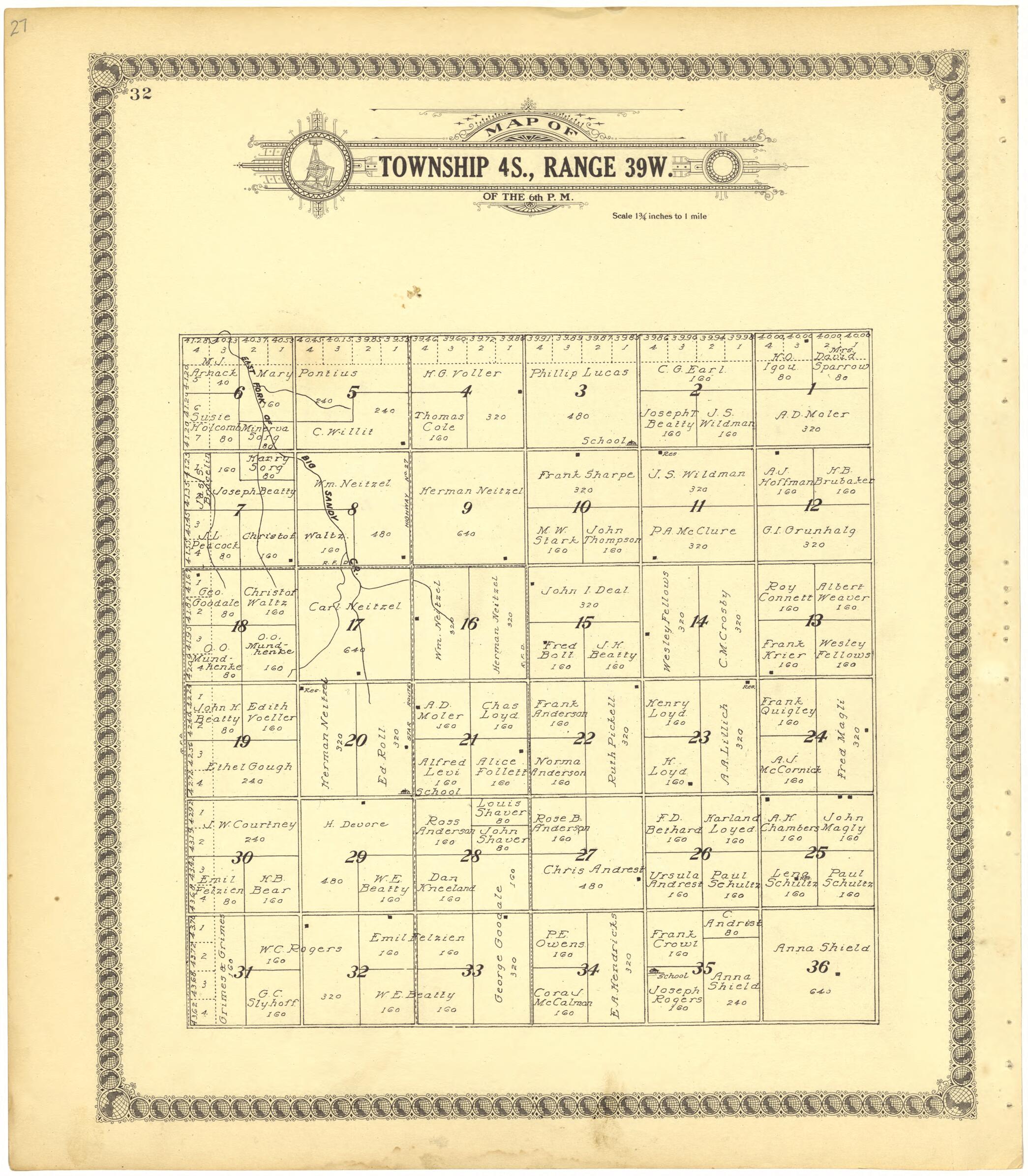 This old map of Map of Township 4S., Range 39W. of the 6th P.M. from Standard Atlas of Cheyenne County, Kansas from 1928 was created by  Brock &amp; Company in 1928