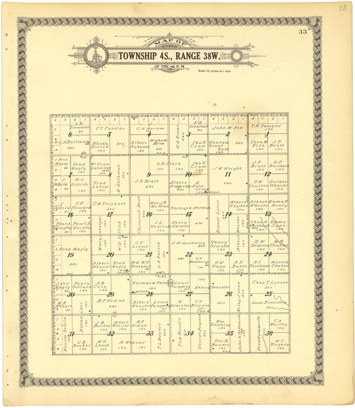 This old map of Map of Township 4S., Range 38W. of the 6th P.M. from Standard Atlas of Cheyenne County, Kansas from 1928 was created by  Brock &amp; Company in 1928